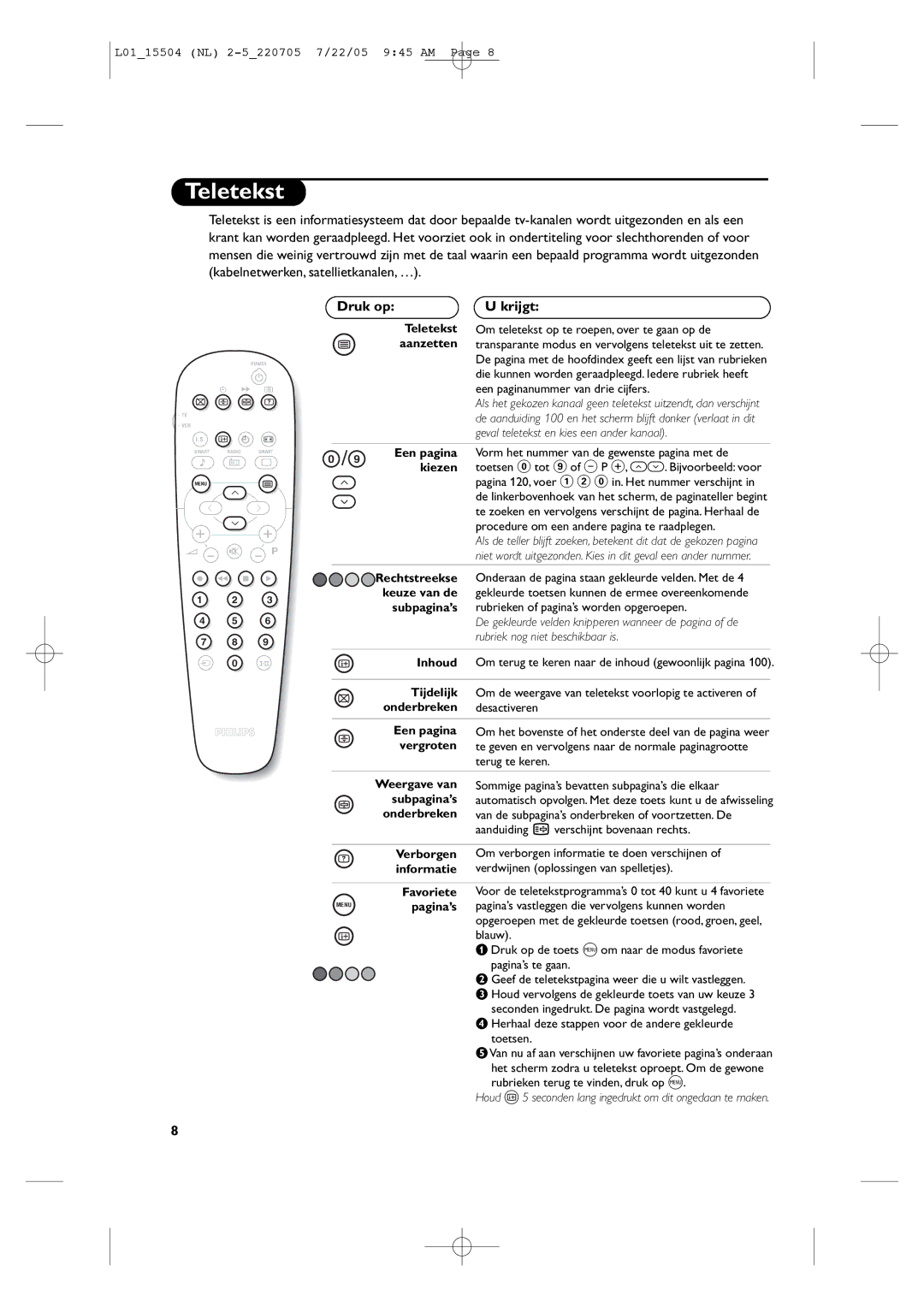 Philips L01_15504 manual Teletekst, Druk op Krijgt 