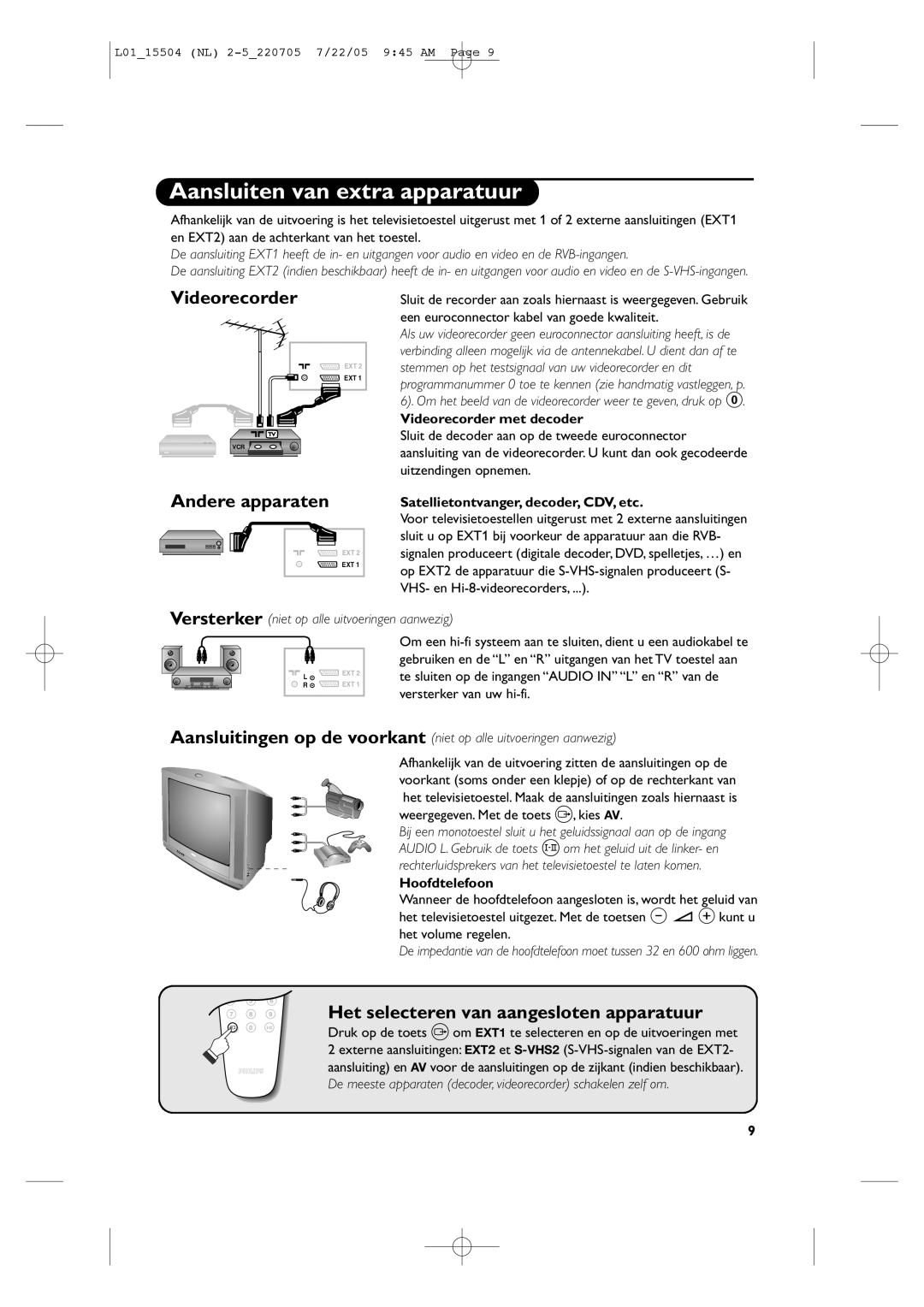 Philips L01_15504 manual Aansluiten van extra apparatuur, Videorecorder met decoder, Satellietontvanger, decoder, CDV, etc 