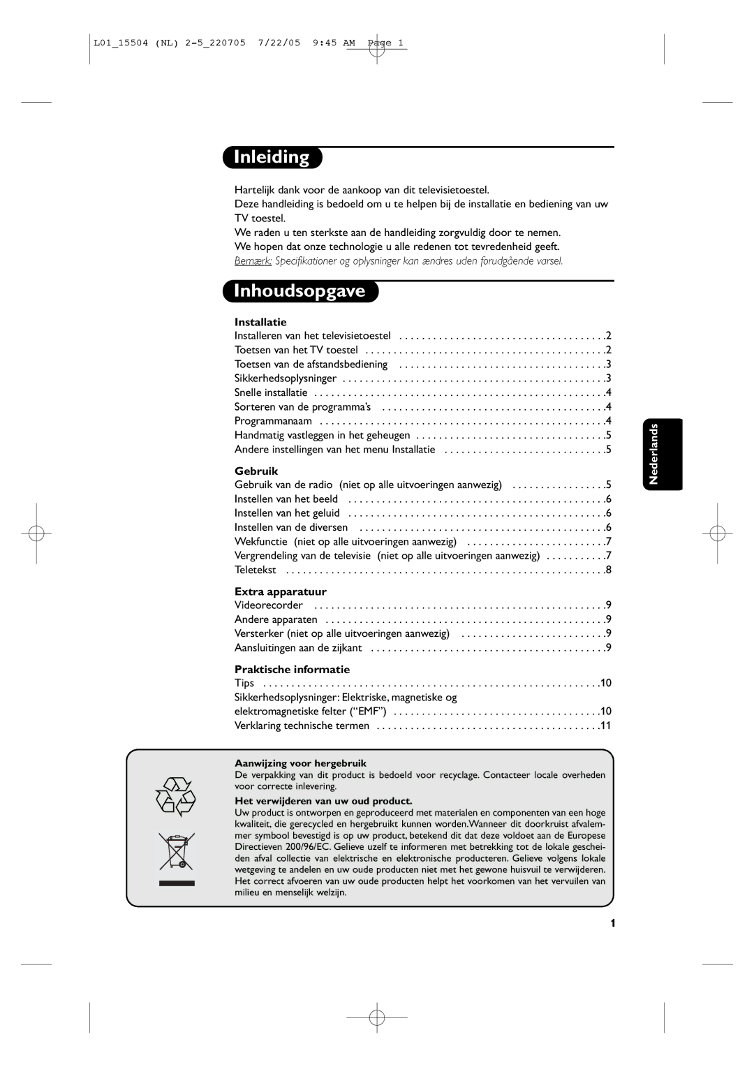 Philips L01_15504 manual Inleiding, Inhoudsopgave 