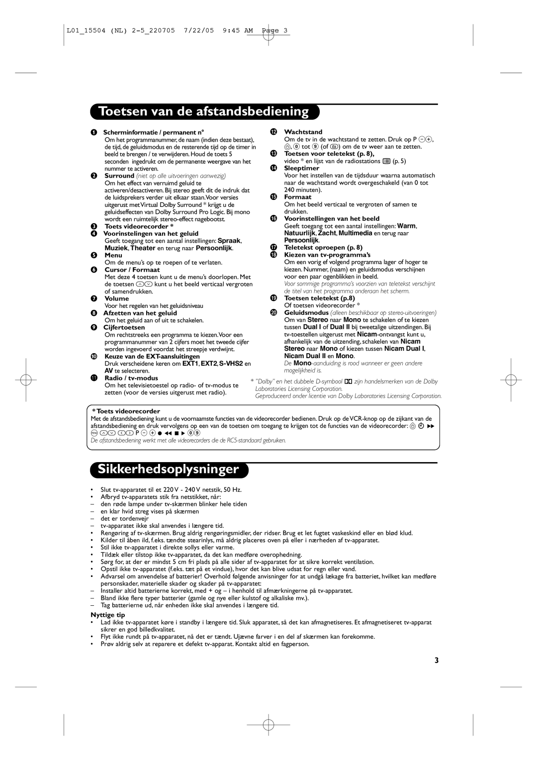 Philips L01_15504 manual Toetsen van de afstandsbediening, Sikkerhedsoplysninger 