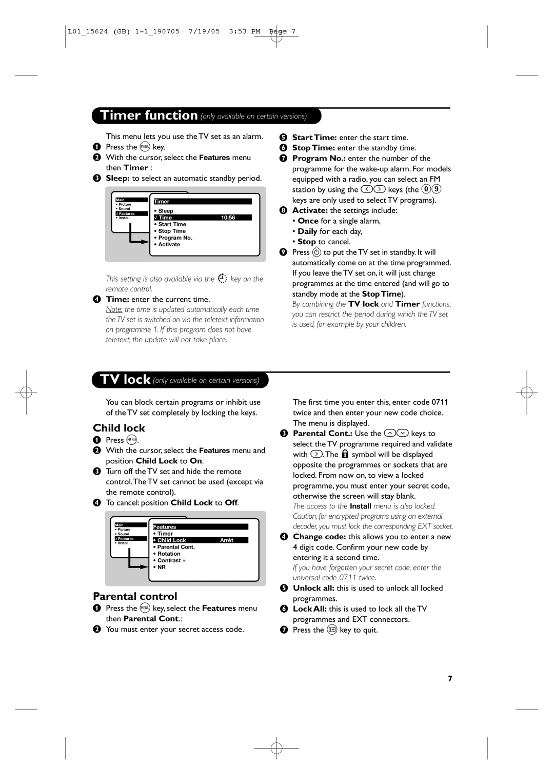 Philips L01_15624 manual Child lock, Parental control, Parental Cont. Use the îÏkeys to, Then Parental 