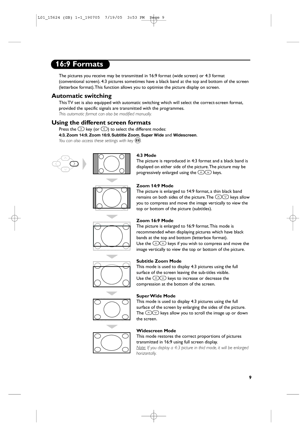 Philips L01_15624 manual Formats, Automatic switching, Using the different screen formats 