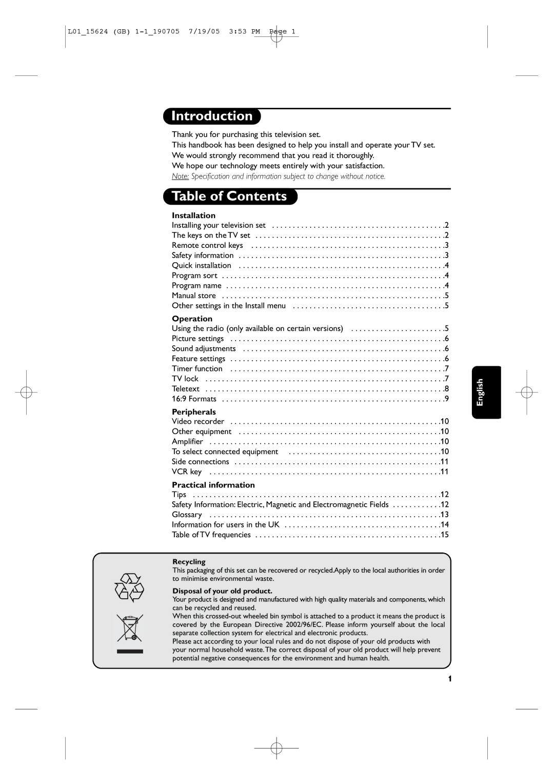 Philips L01_15624 manual Introduction, Table of Contents 