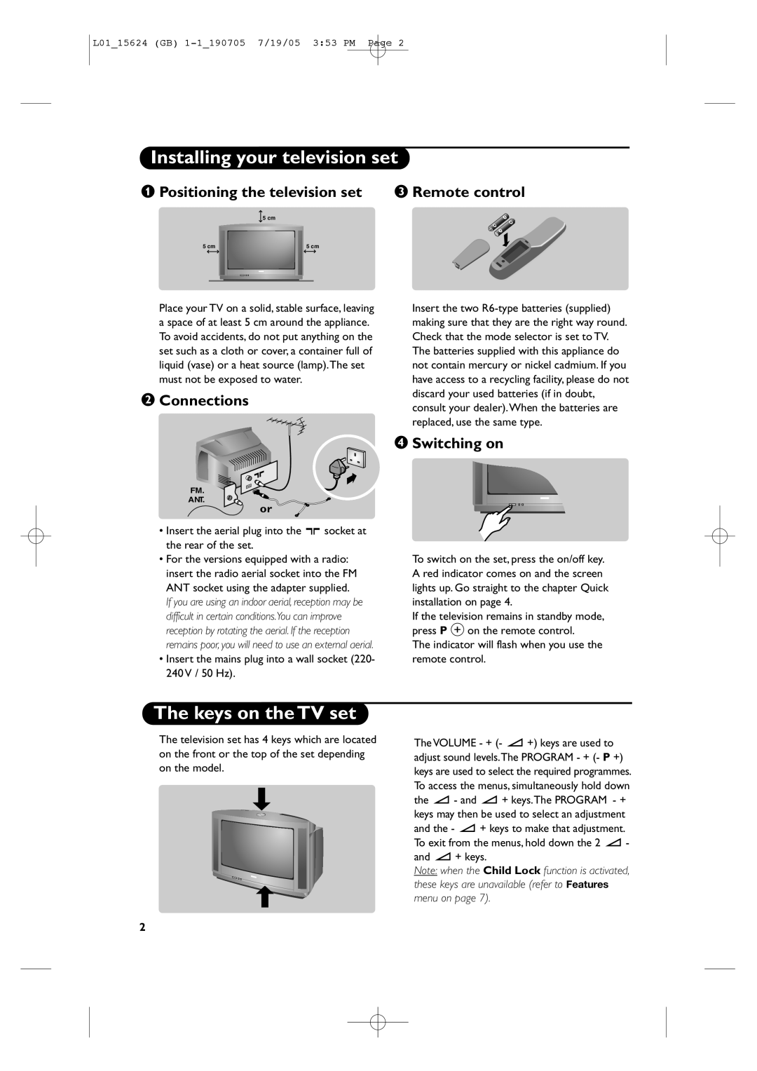 Philips L01_15624 manual Installing your television set, Keys on the TV set 