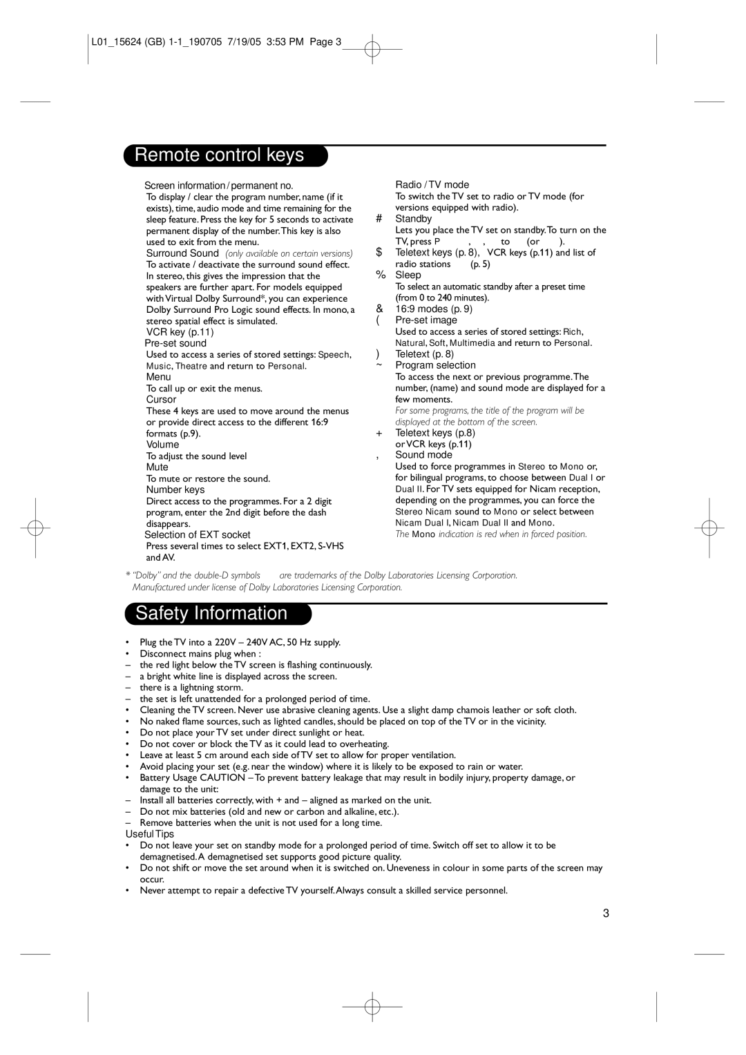 Philips L01_15624 manual Safety Information, Screen information / permanent no 