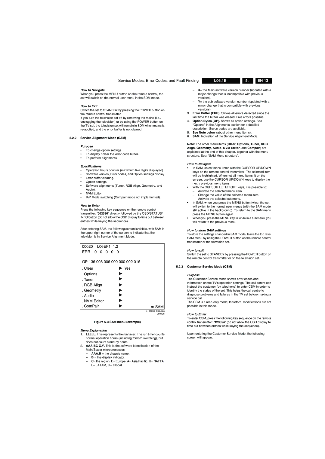 Philips L06.1E AA Service Modes, Error Codes, and Fault Finding L06.1E, How to Navigate, How to Exit, Menu Explanation 