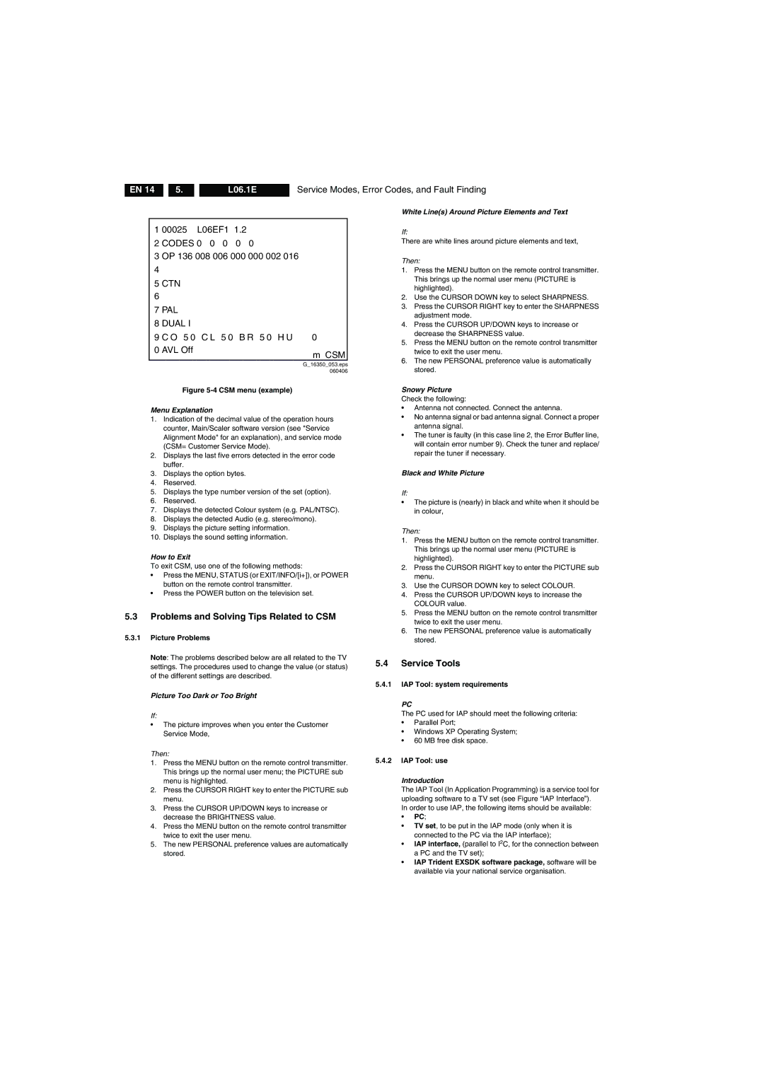 Philips L06.1E AA technical specifications Problems and Solving Tips Related to CSM, Service Tools 