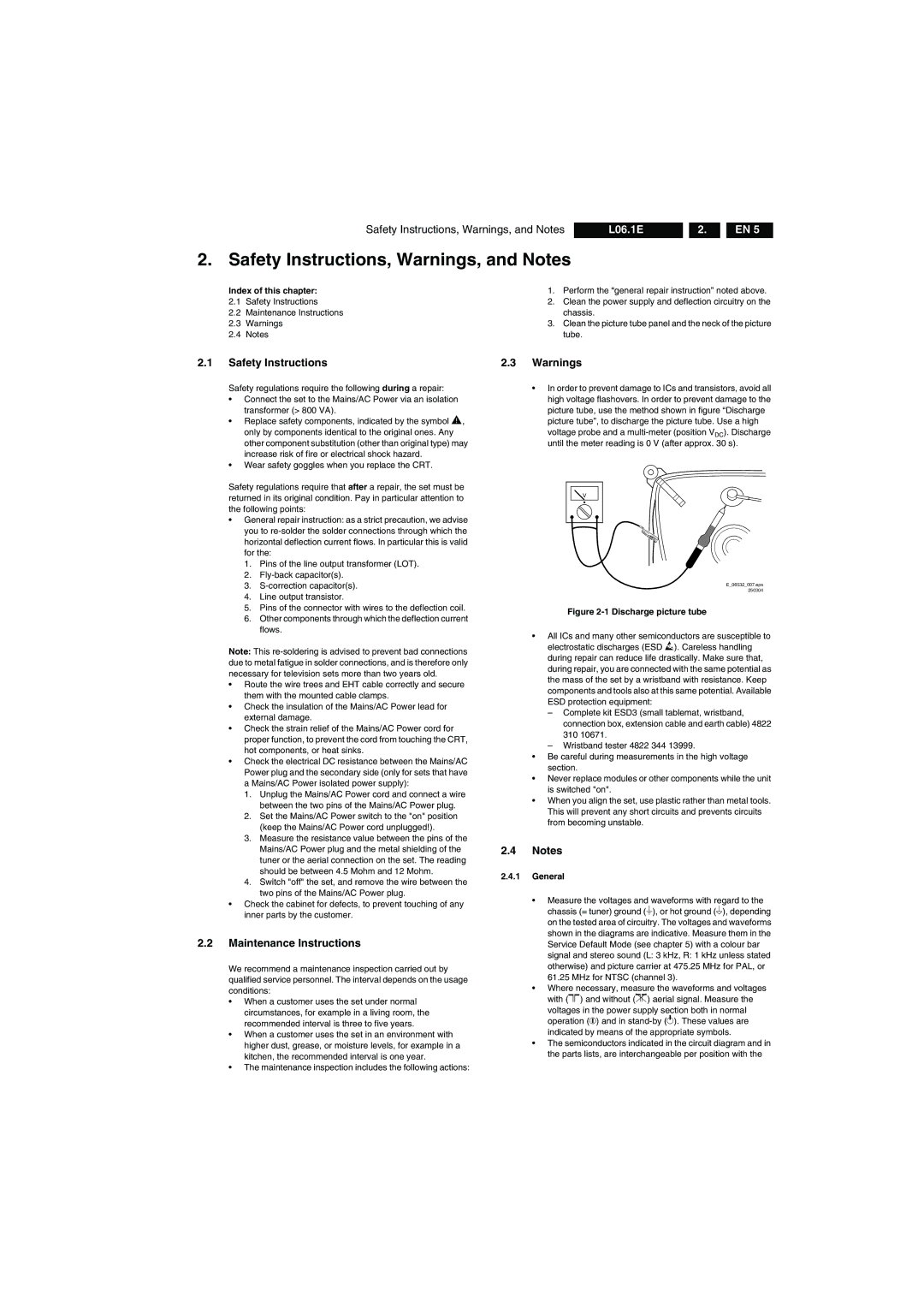 Philips L06.1E AA technical specifications Safety Instructions, Warnings, and Notes, Maintenance Instructions, General 