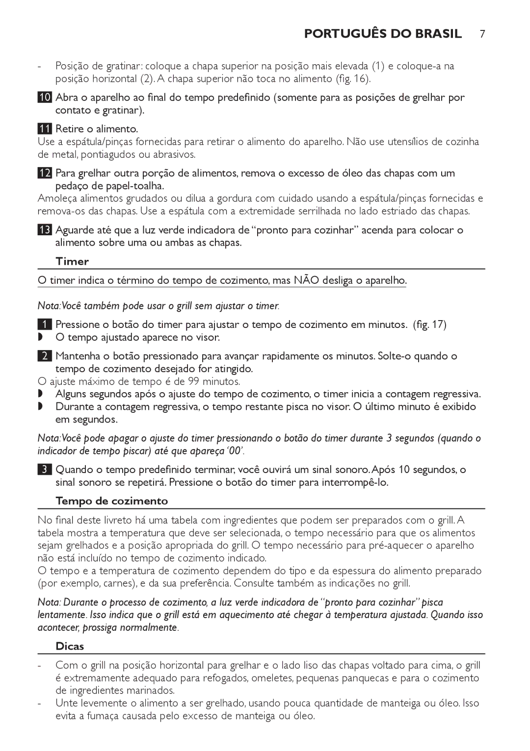 Philips L282, L298, L284, L283, L1700, L281, L1701, L1702 manual Timer, Tempo de cozimento, Dicas 