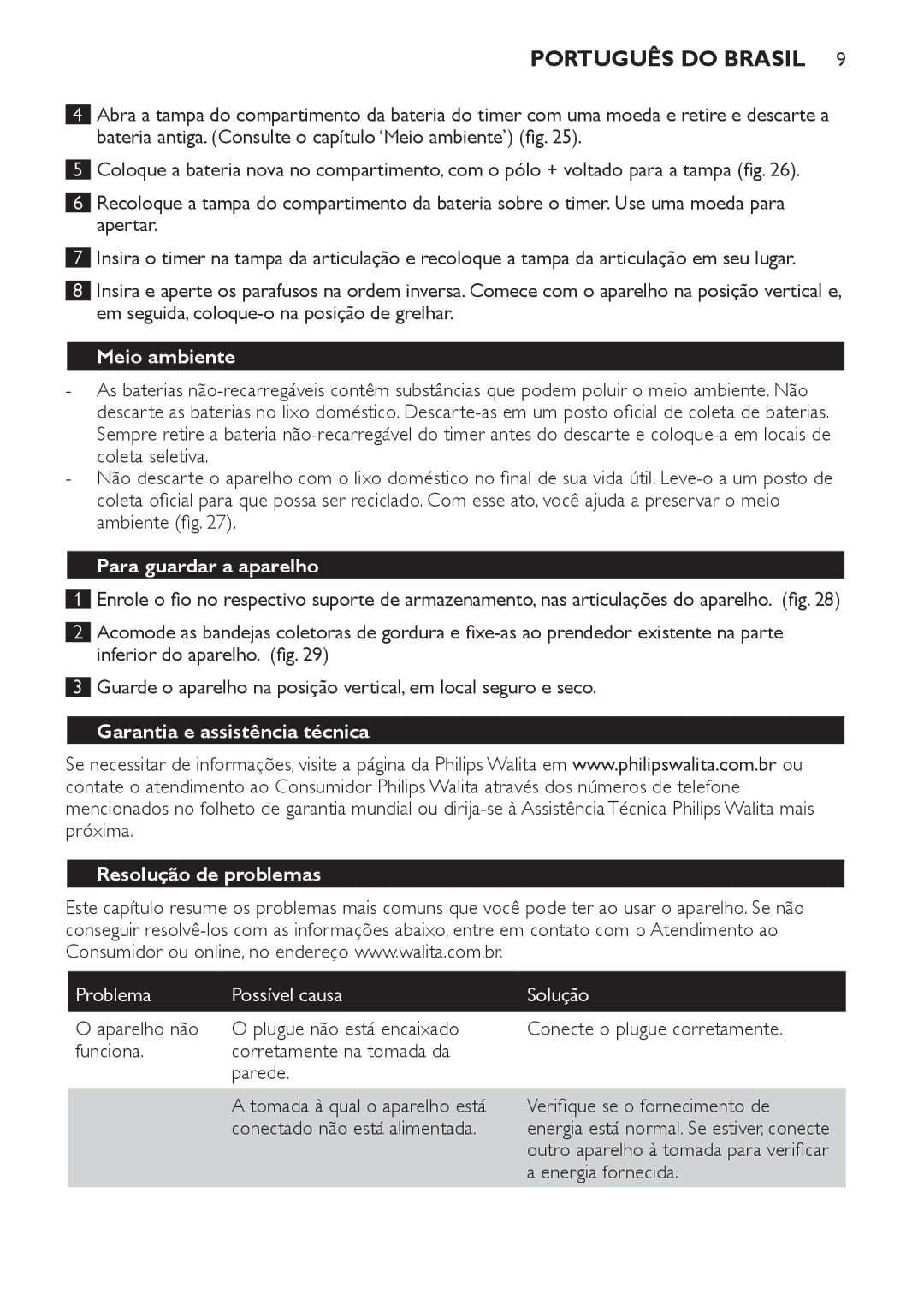 Philips L284, L298, L283, L281 Meio ambiente, Para guardar a aparelho, Garantia e assistência técnica Resolução de problemas 