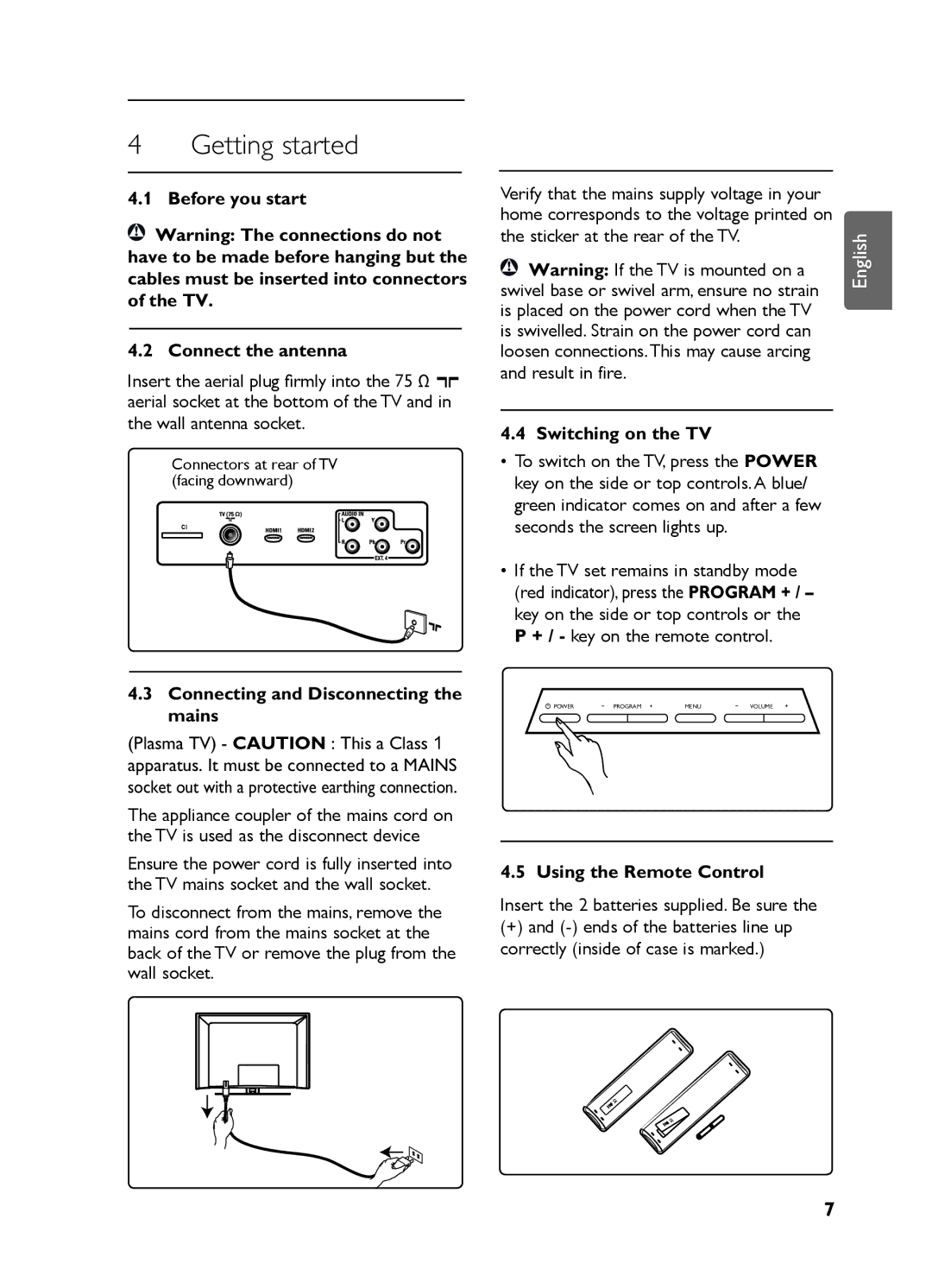 Philips LC07 DVB DFU manual Getting started, Before you start Connect the antenna, Connecting and Disconnecting the mains 