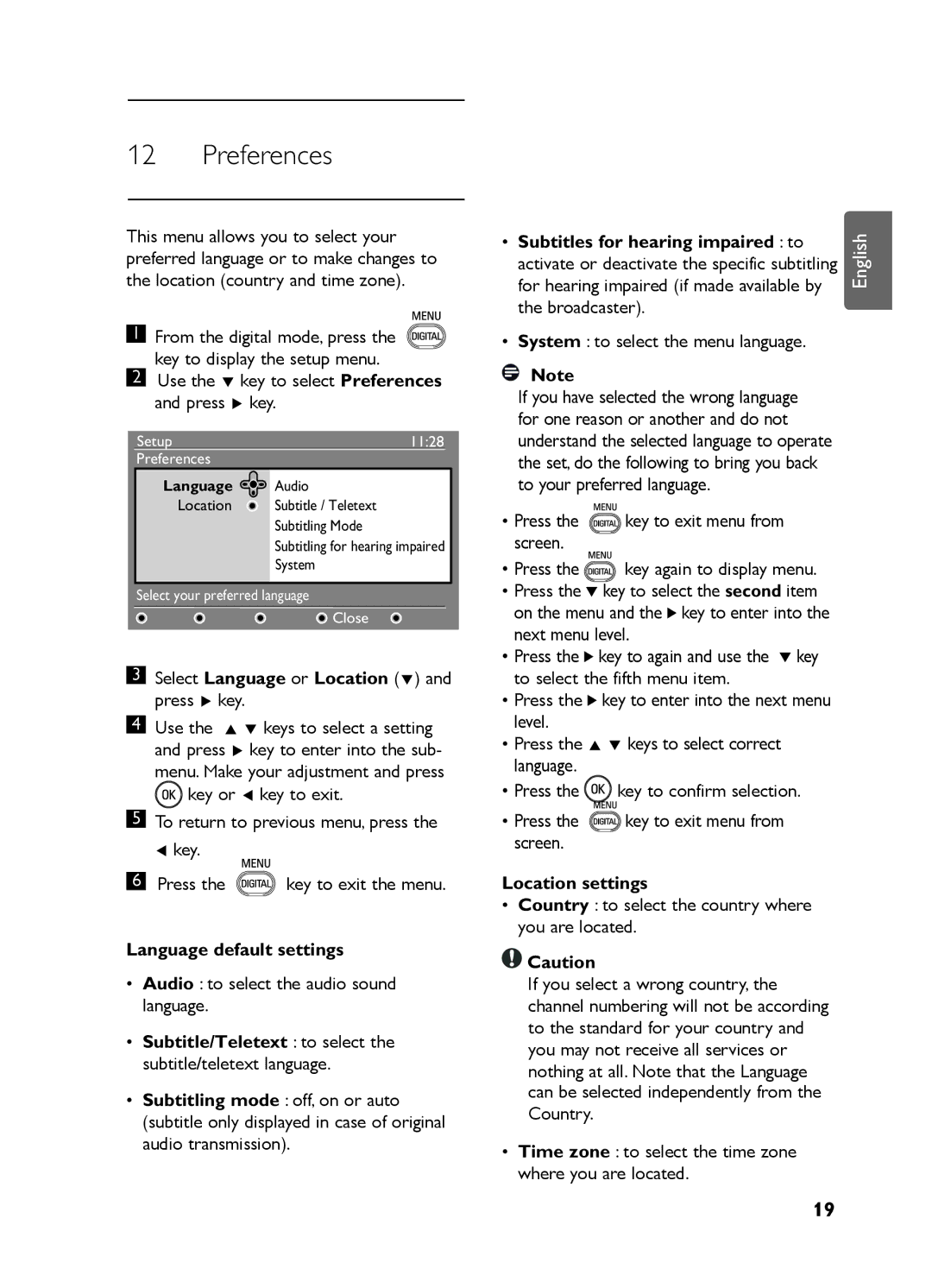 Philips LC07 DVB DFU manual Preferences, Select Language or Location ï and press Æ key, Language default settings 