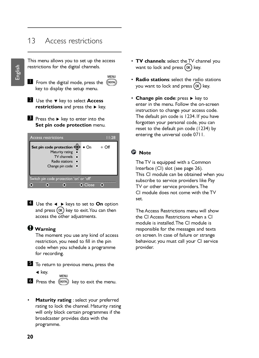 Philips LC07 DVB DFU manual Access restrictions, Set pin code protection menu 