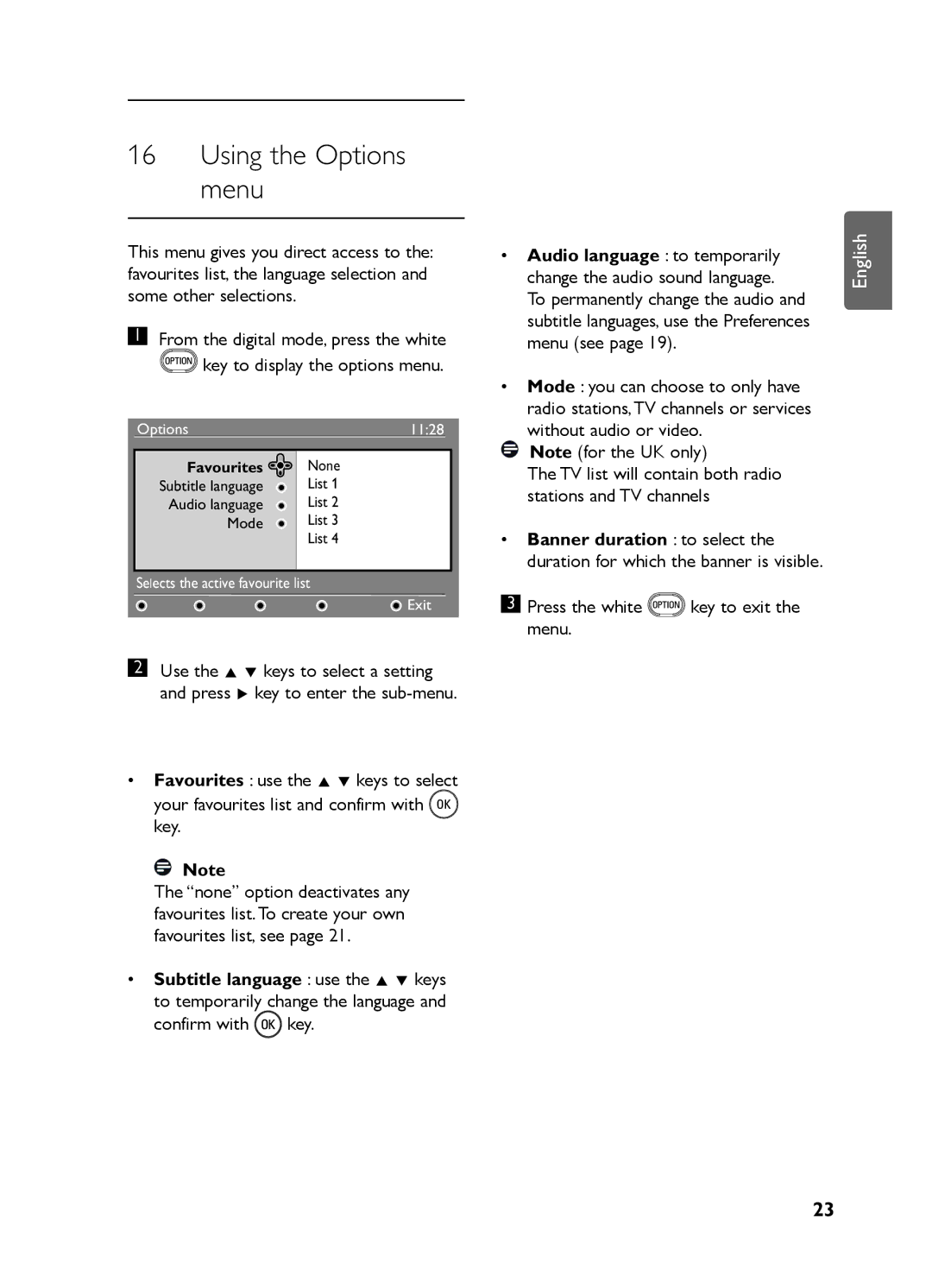 Philips LC07 DVB DFU manual Using the Options menu, Subtitle language use the Î ï keys 