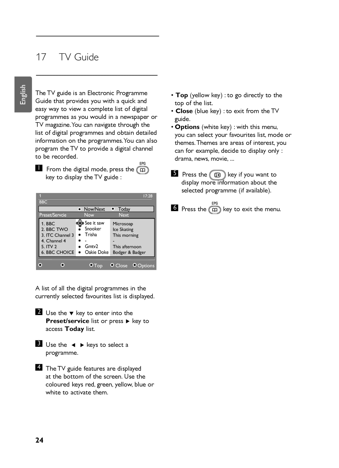 Philips LC07 DVB DFU manual TV Guide, Preset/Servcie Now Next 