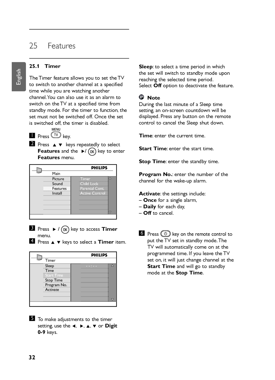 Philips LC07 DVB DFU manual Timer, Features and the Æ/ key to enter Features menu 