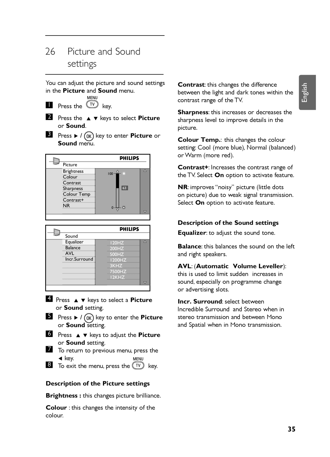 Philips LC07 DVB DFU Picture and Sound settings, Description of the Picture settings, Description of the Sound settings 