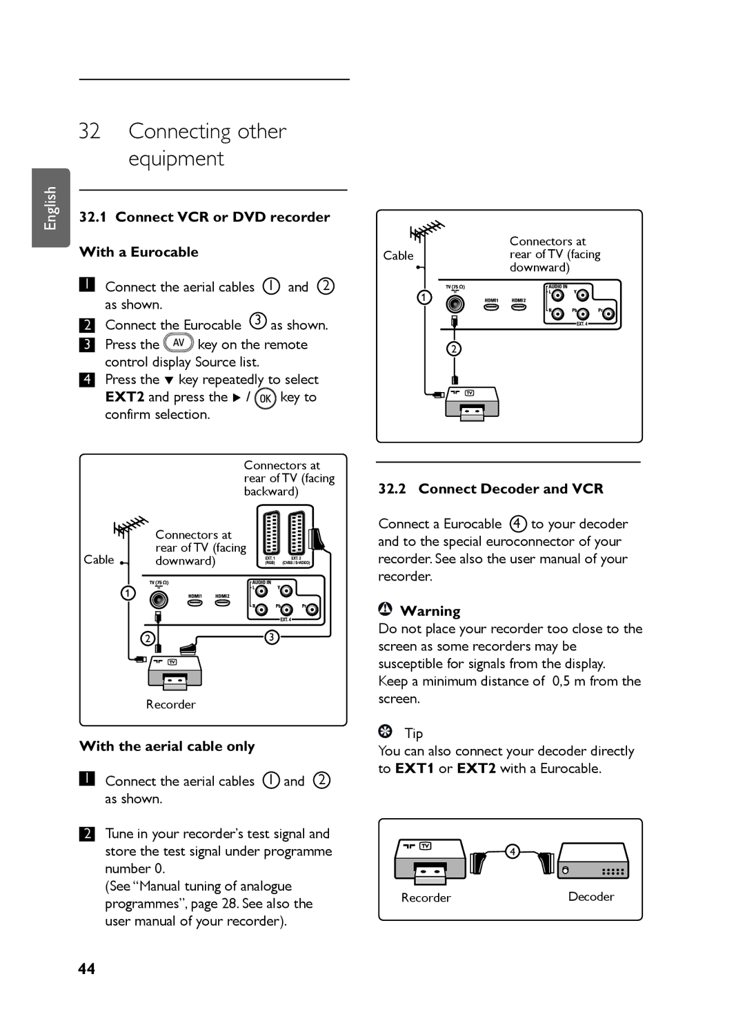 Philips LC07 DVB DFU Connecting other equipment, Connect VCR or DVD recorder, With a Eurocable, With the aerial cable only 