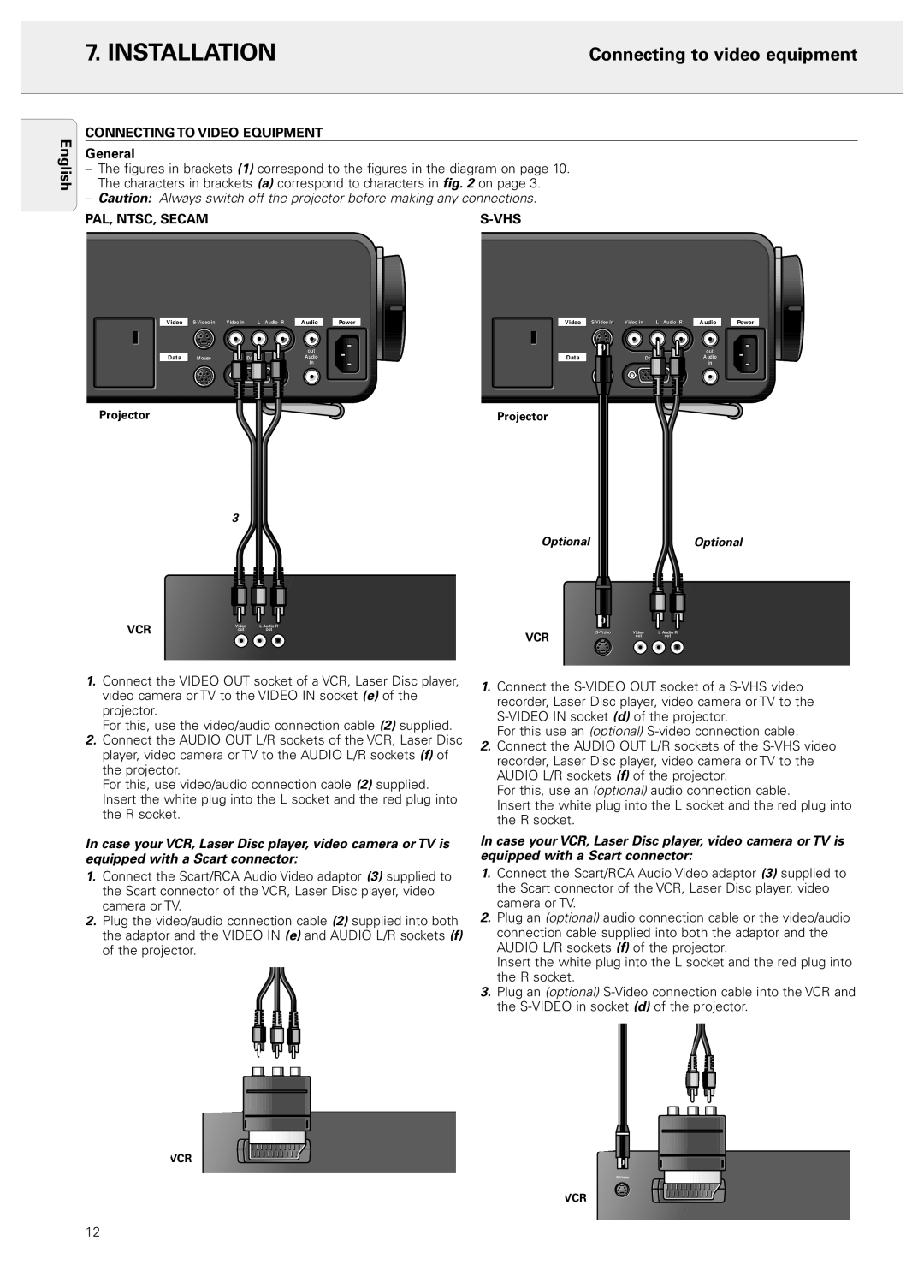 Philips LC4043 manual Connecting to video equipment, Installation, English, CONNECTING TO VIDEO EQUIPMENT General, S-Vhs 