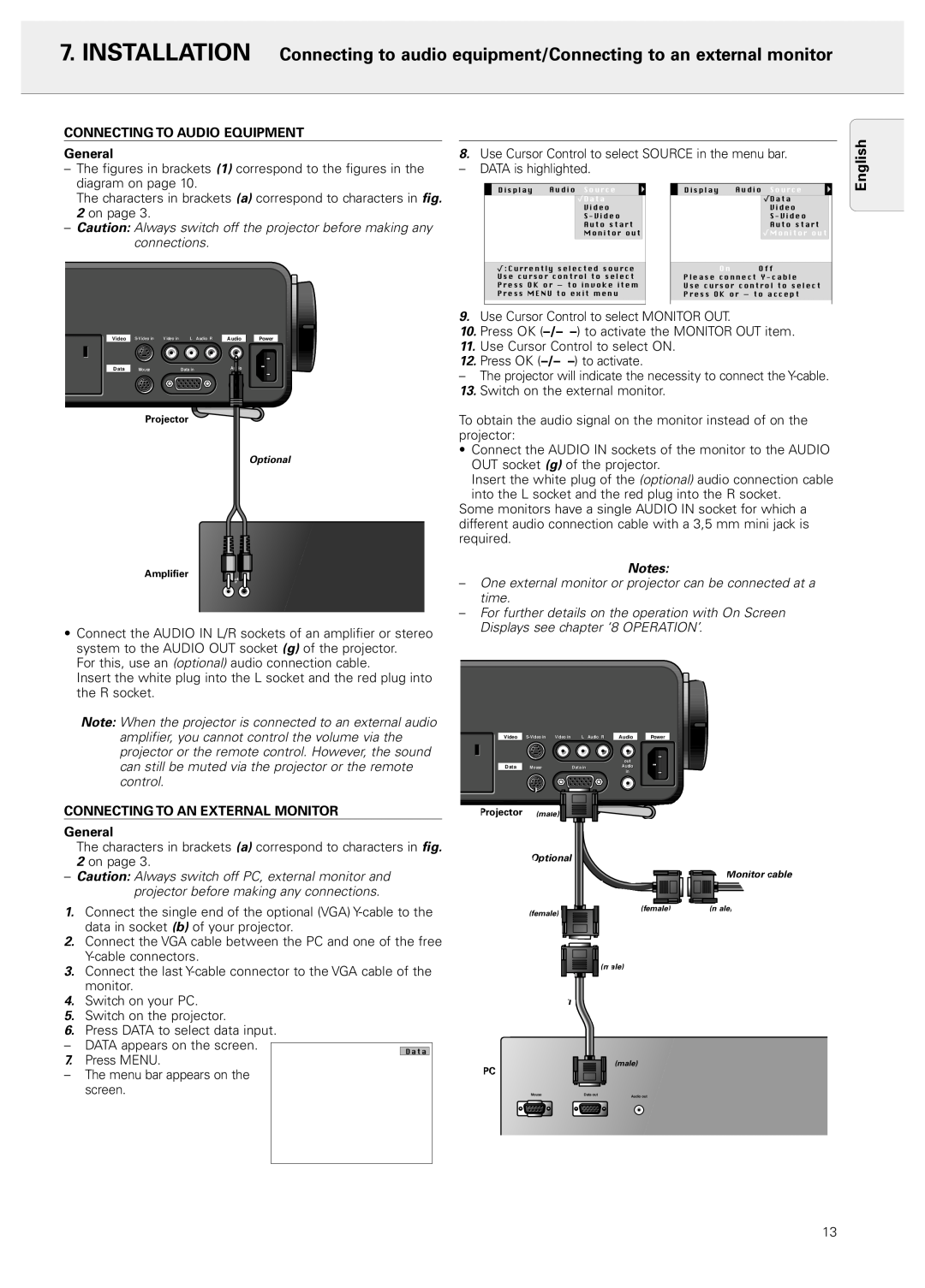 Philips 20 series manual English, Connecting To Audio Equipment, General, DATA is highlighted, diagram on page, connections 