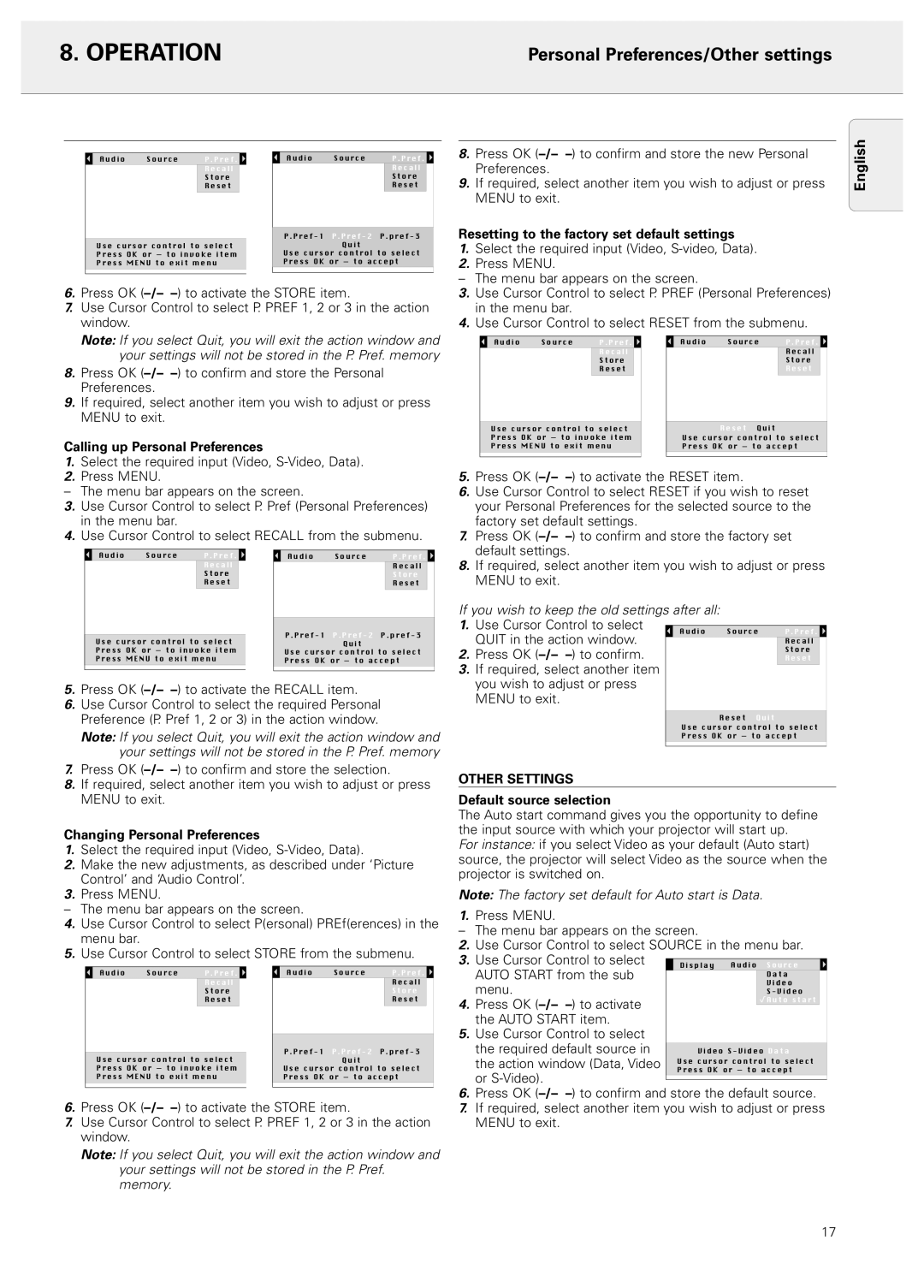 Philips 20 series, LC4043 manual Personal Preferences/Other settings, Operation, English, Calling up Personal Preferences 