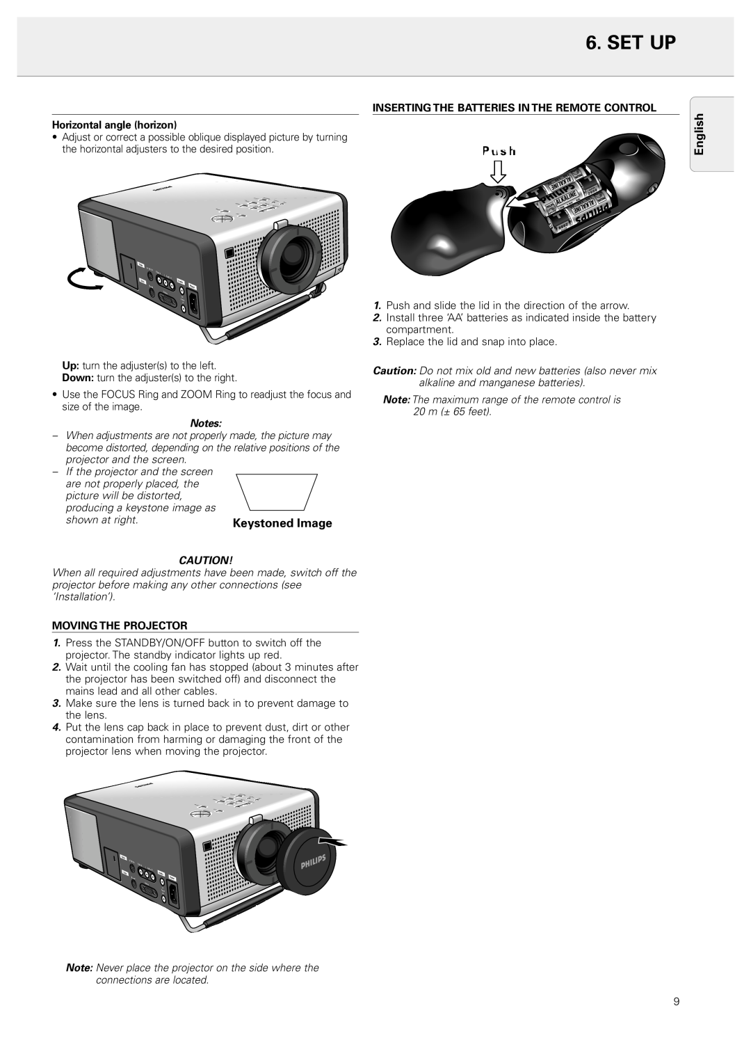 Philips 20 series manual Set Up, English, Inserting The Batteries In The Remote Control, Horizontal angle horizon, P u s h 
