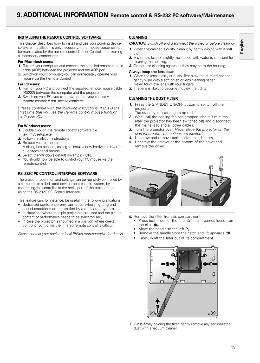 Philips 20 series, LC4043 manual Installing the Remote Control Software, RS-232C PC Control Interface Software, Cleaning 