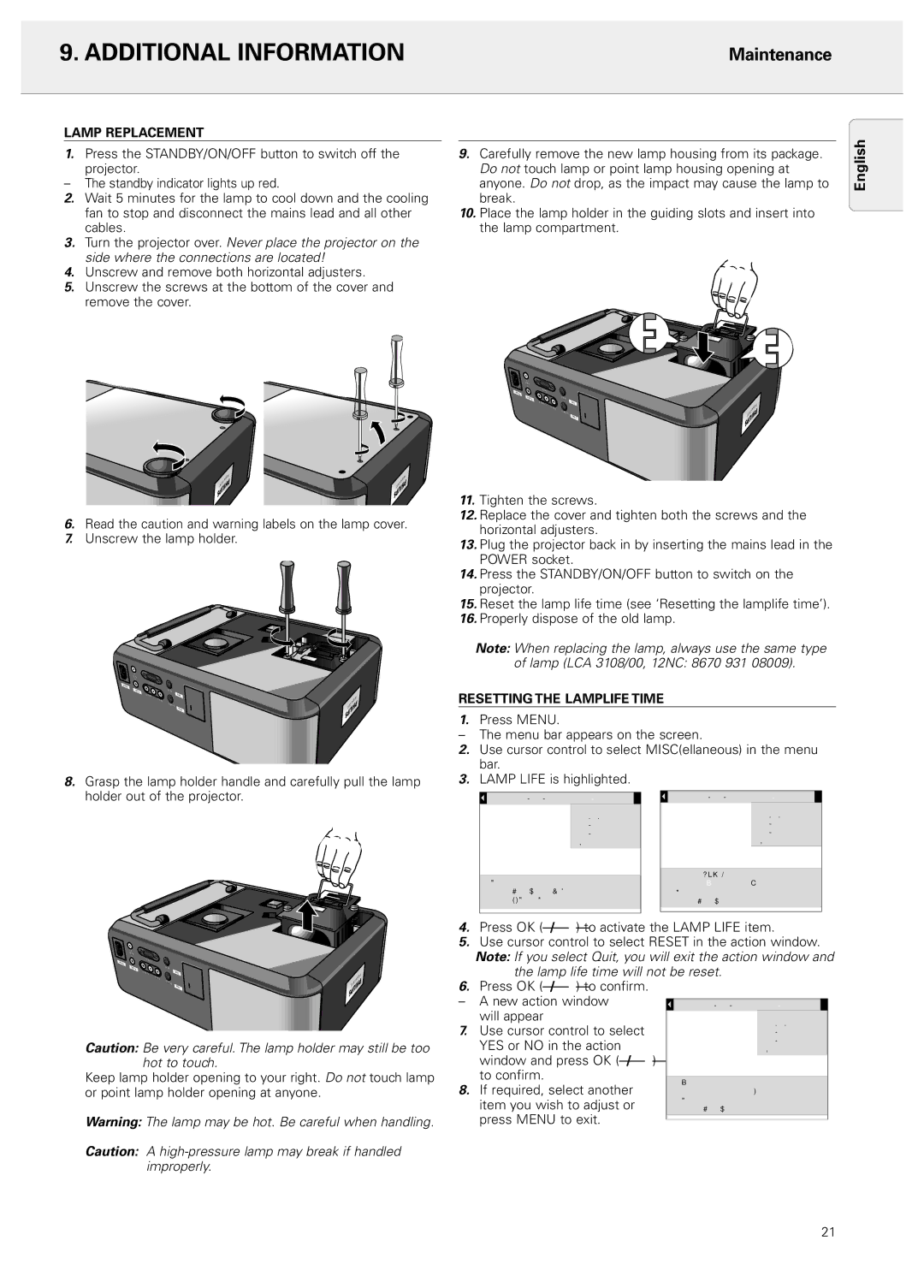 Philips 20 series, LC4043 manual Lamp Replacement, Resetting the Lamplife Time, Yes No 