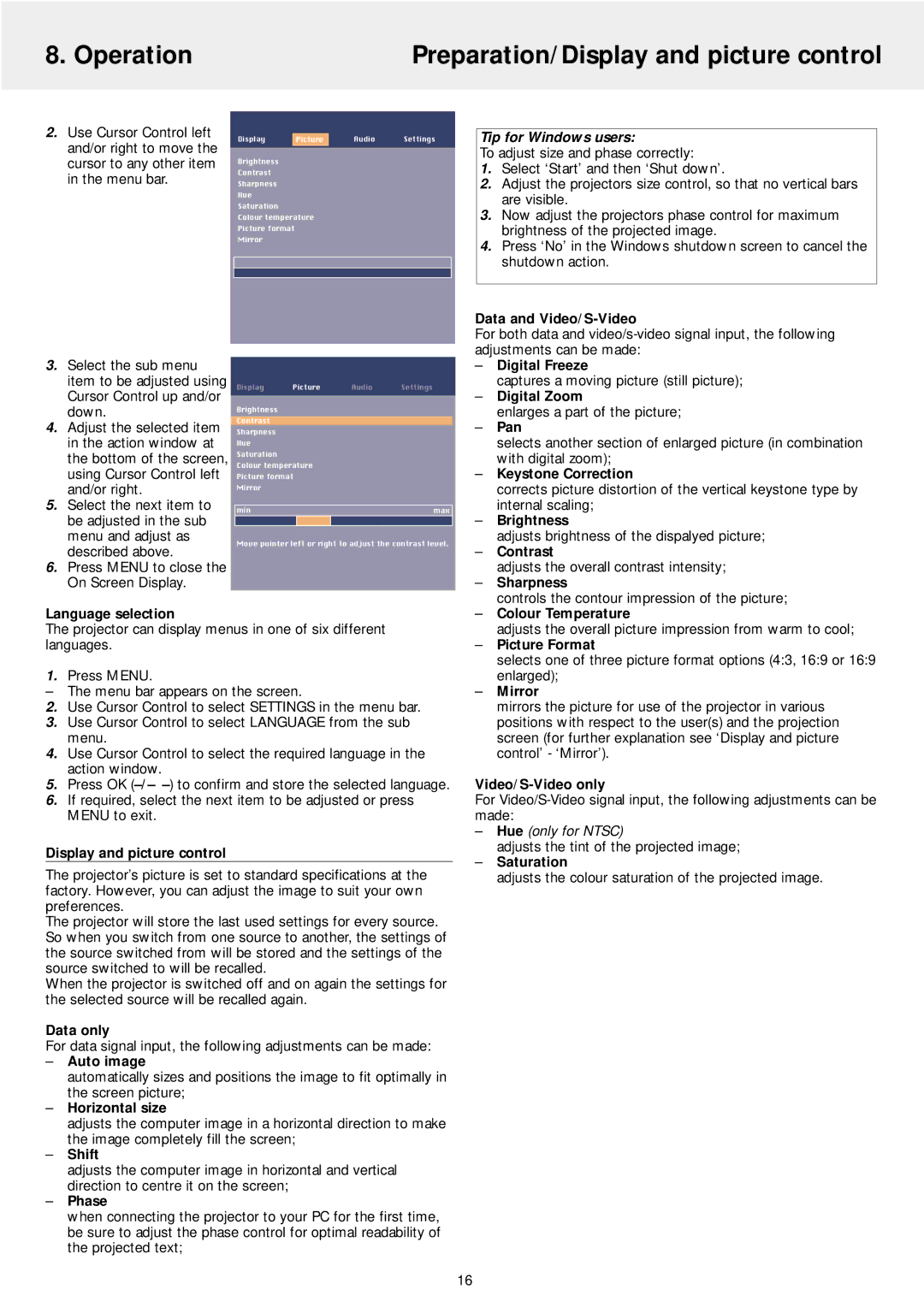 Philips LC4246, LC4242 manual Operation Preparation/Display and picture control, Tip for Windows users 