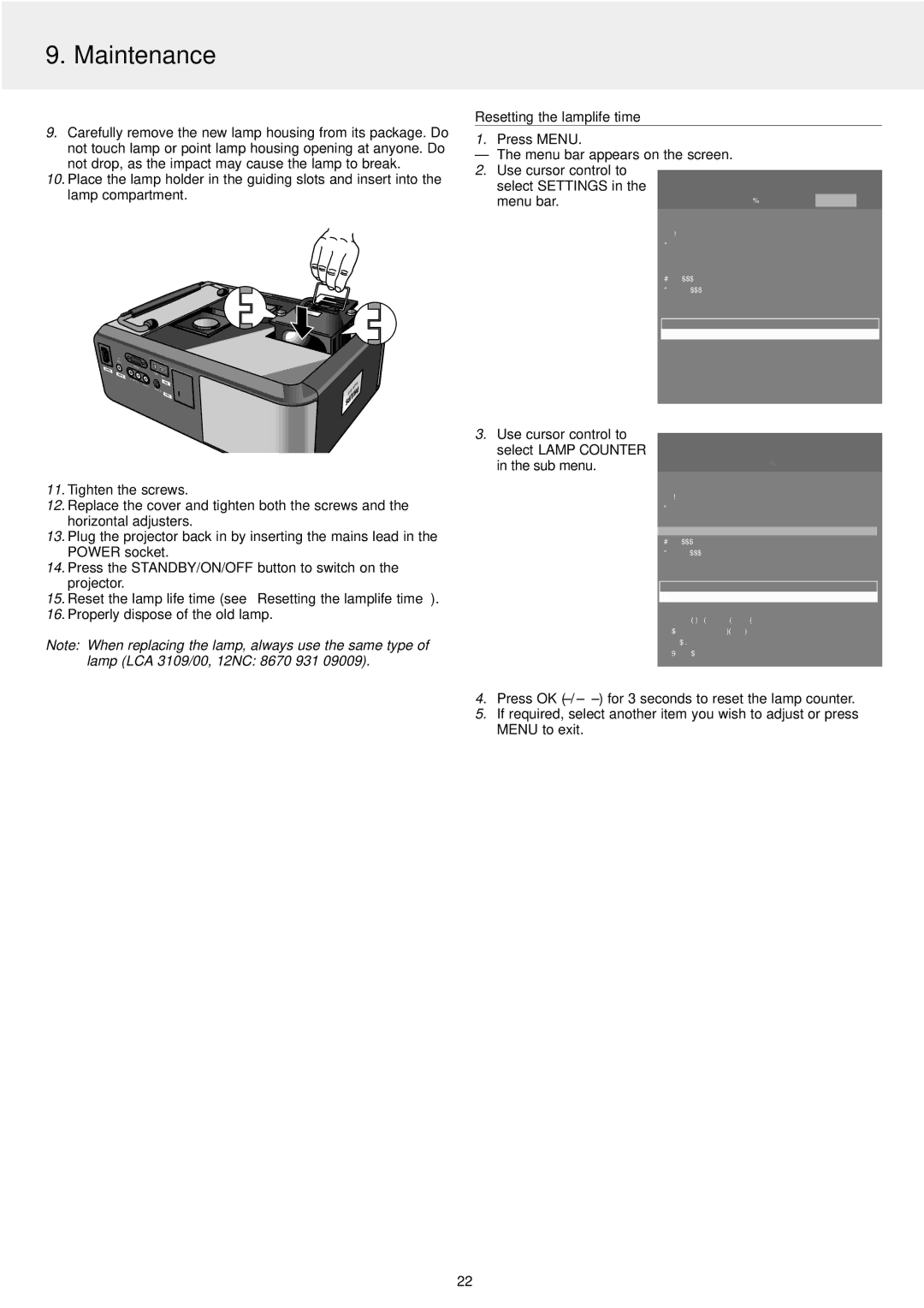 Philips LC4246, LC4242 manual Resetting the lamplife time, Use cursor control to select Lamp Counter in the sub menu 