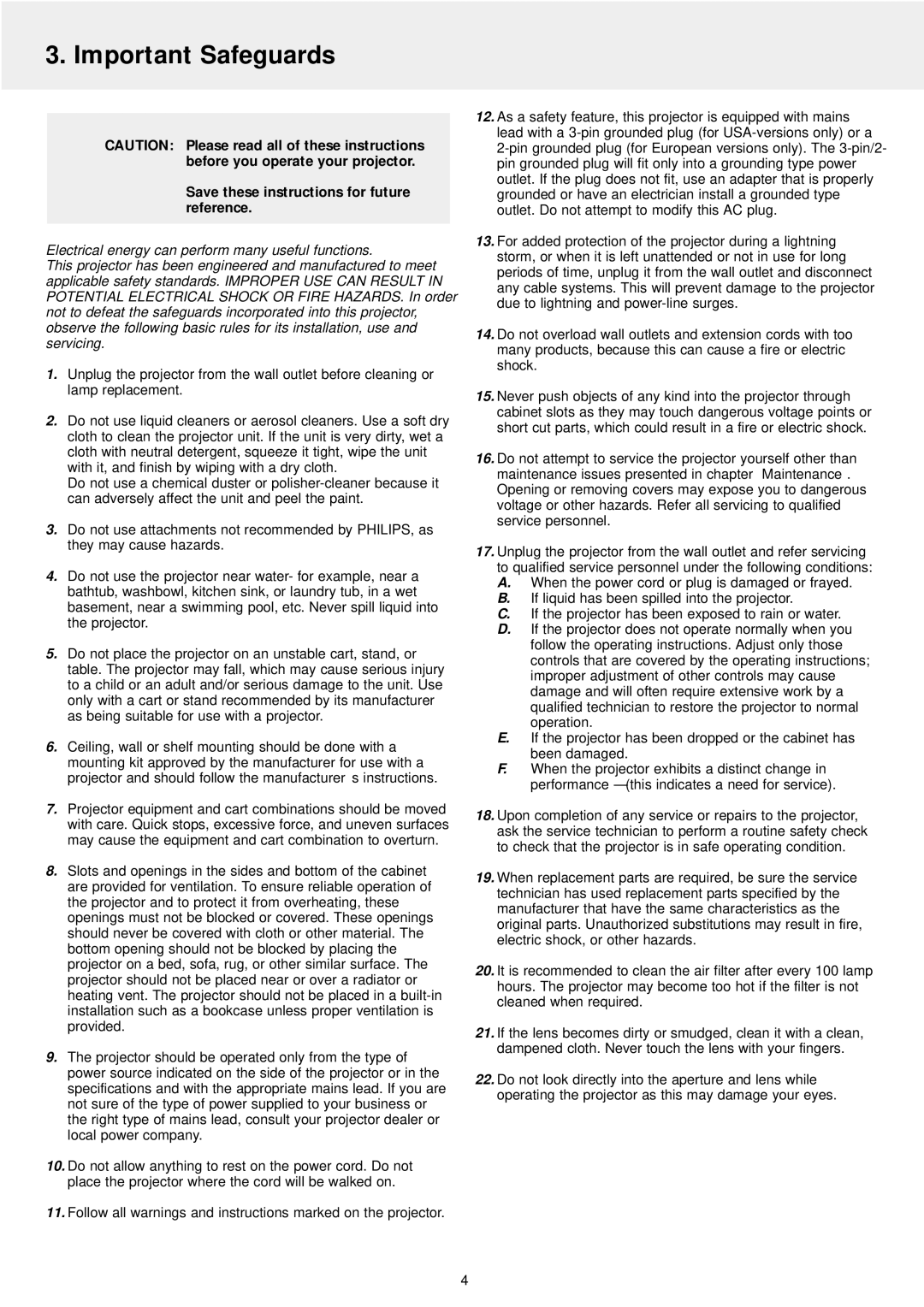 Philips LC4246, LC4242 manual Important Safeguards 