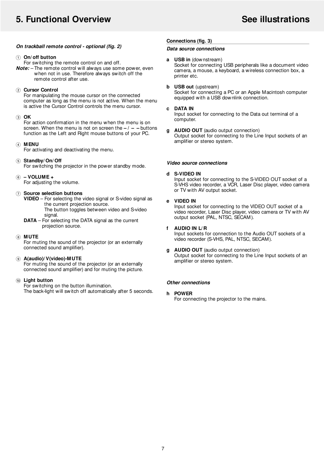 Philips LC4242, LC4246 manual On trackball remote control optional fig, Data source connections, Video source connections 