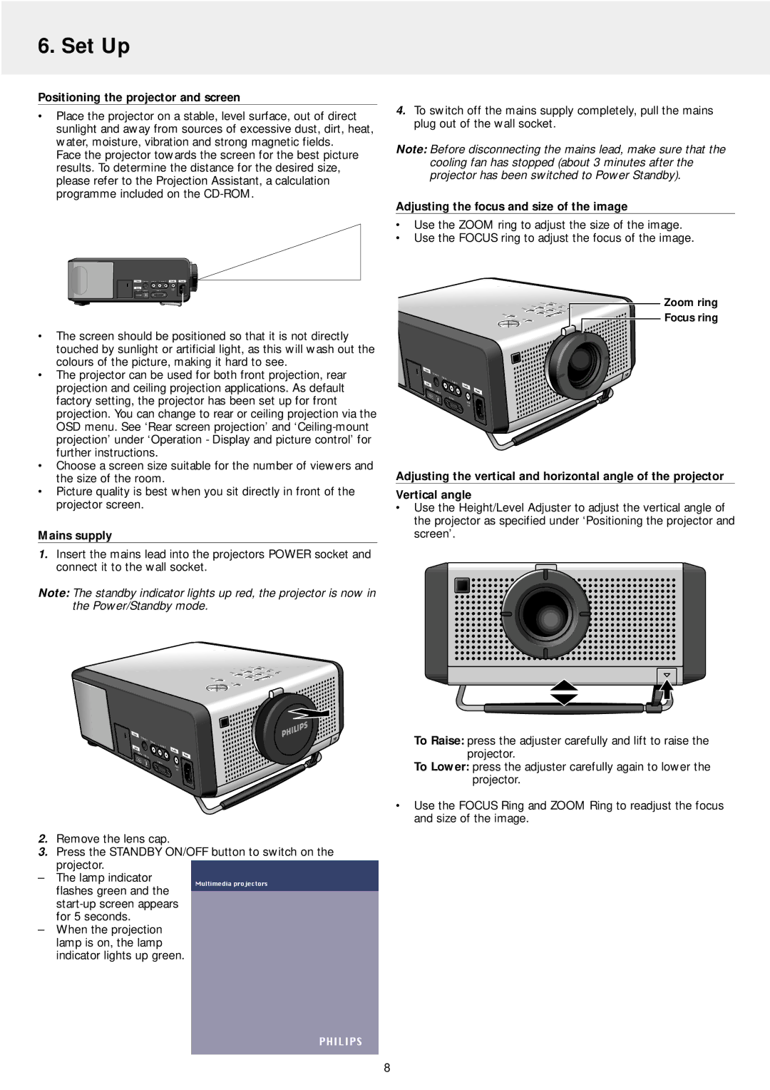 Philips LC4246 manual Set Up, Positioning the projector and screen, Mains supply, Adjusting the focus and size of the image 