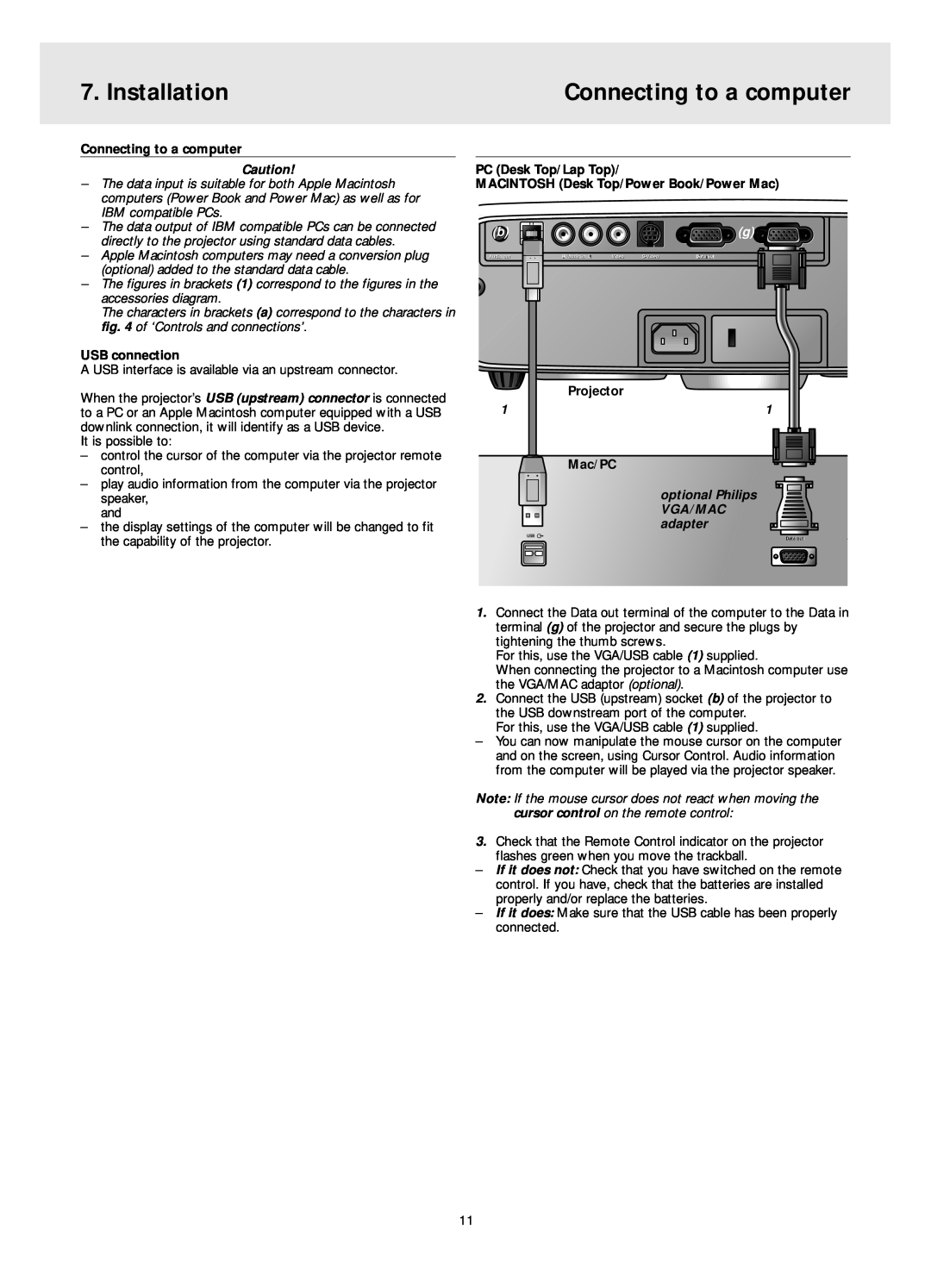 Philips LC4341 manual Connecting to a computer, Installation, USB connection, Projector, Mac/PC, optional Philips, Vga/Mac 