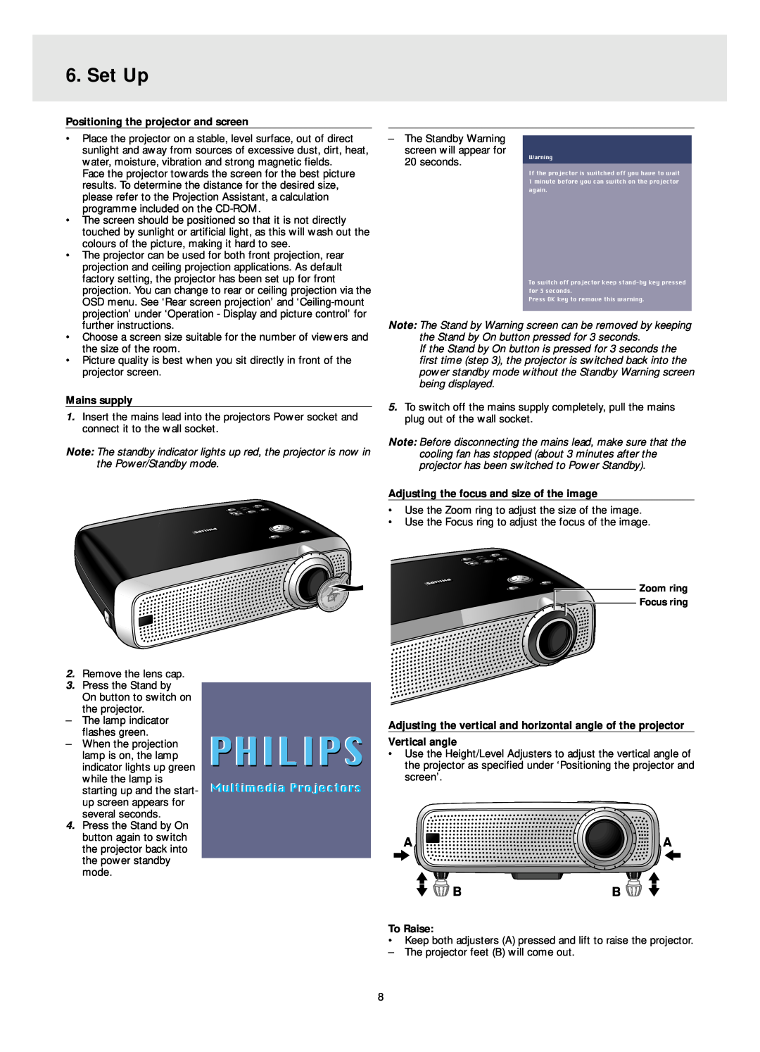Philips LC4341 Set Up, Philips, Multimedia Projectors, Positioning the projector and screen, Mains supply, Vertical angle 