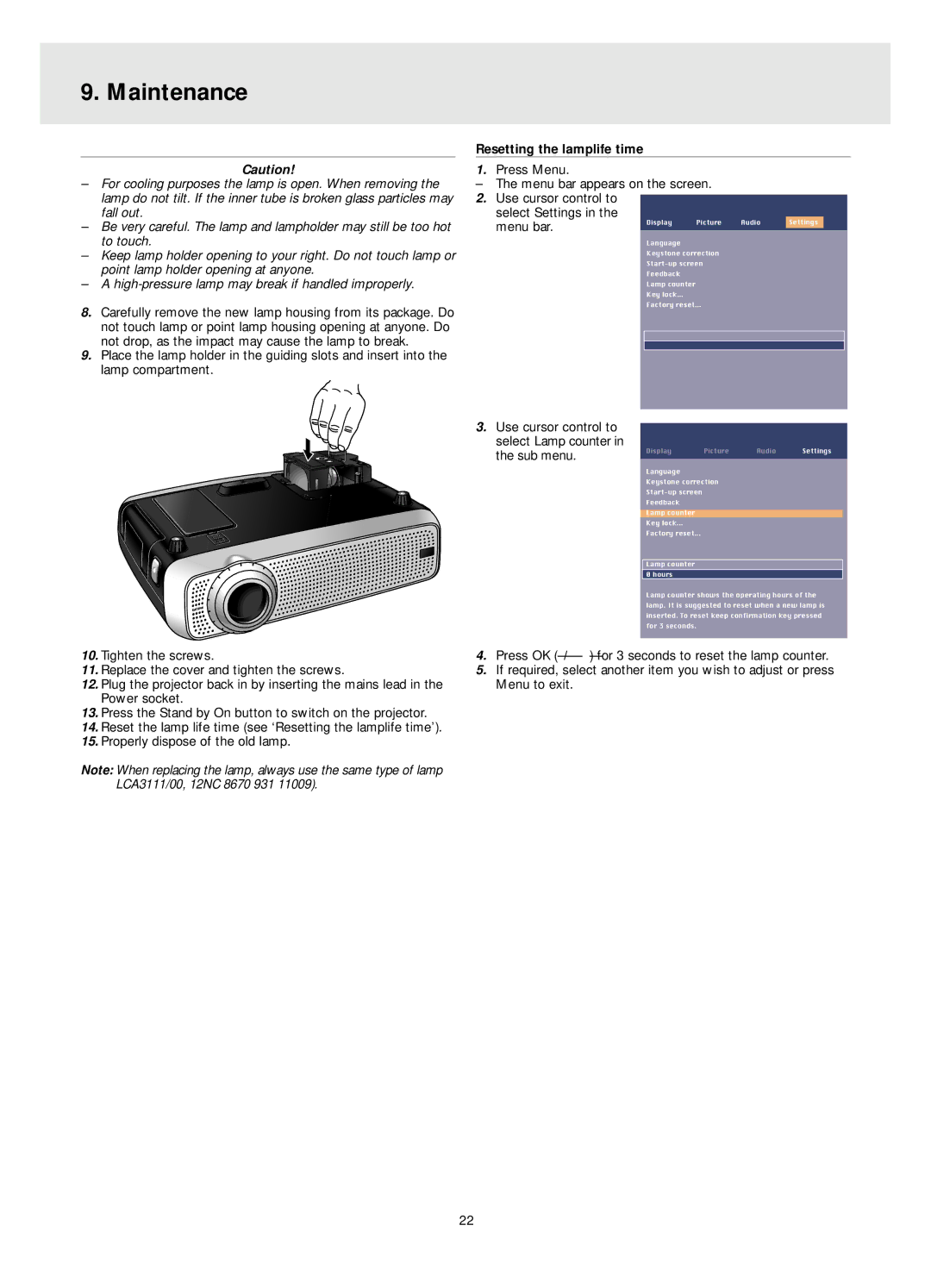 Philips LC4345, LC4331, LC4341 manual Resetting the lamplife time, Use cursor control to select Lamp counter in the sub menu 