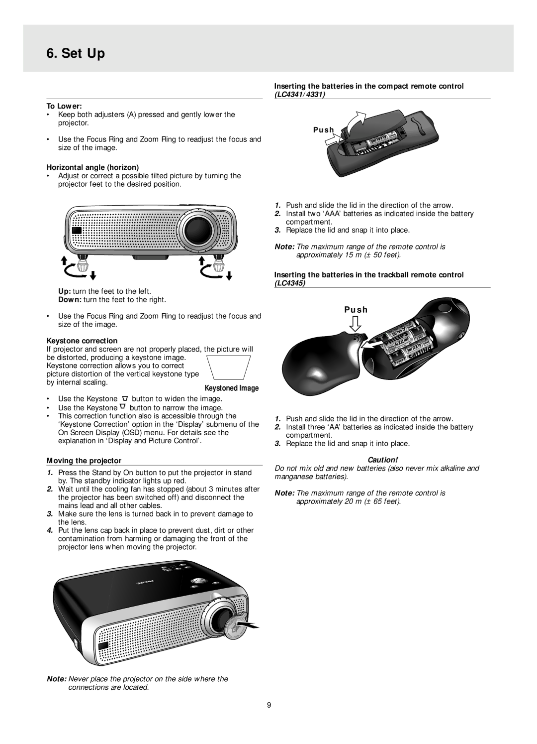 Philips LC4331, LC4345, LC4341 manual To Lower, Horizontal angle horizon, Moving the projector 