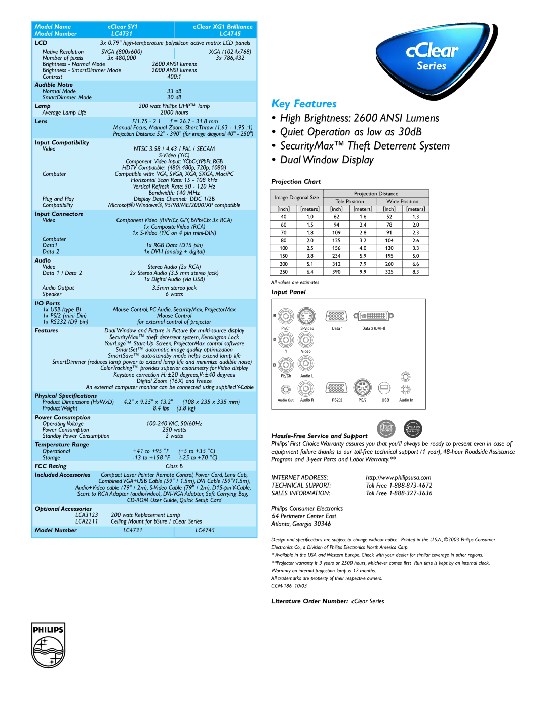 Philips LC4745 manual Projection Chart, Input Panel, Hassle-Free Service and Support, Literature Order Number cClear Series 