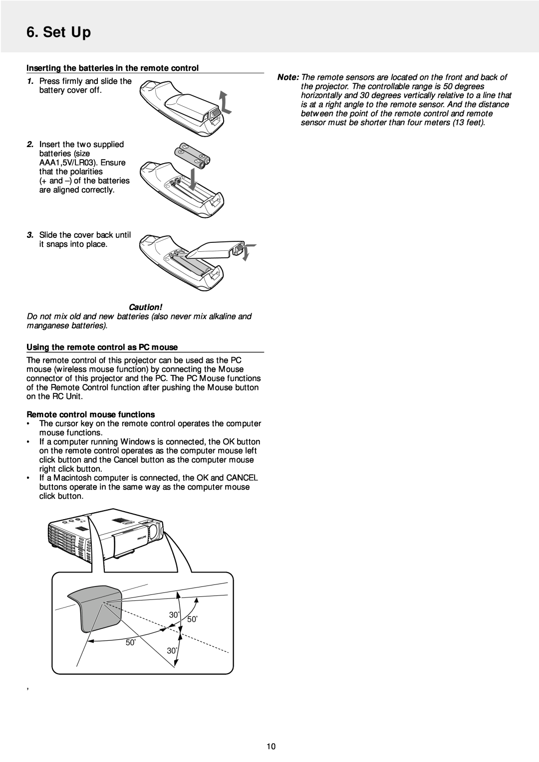 Philips LC5141 manual Set Up, Inserting the batteries in the remote control, Using the remote control as PC mouse 