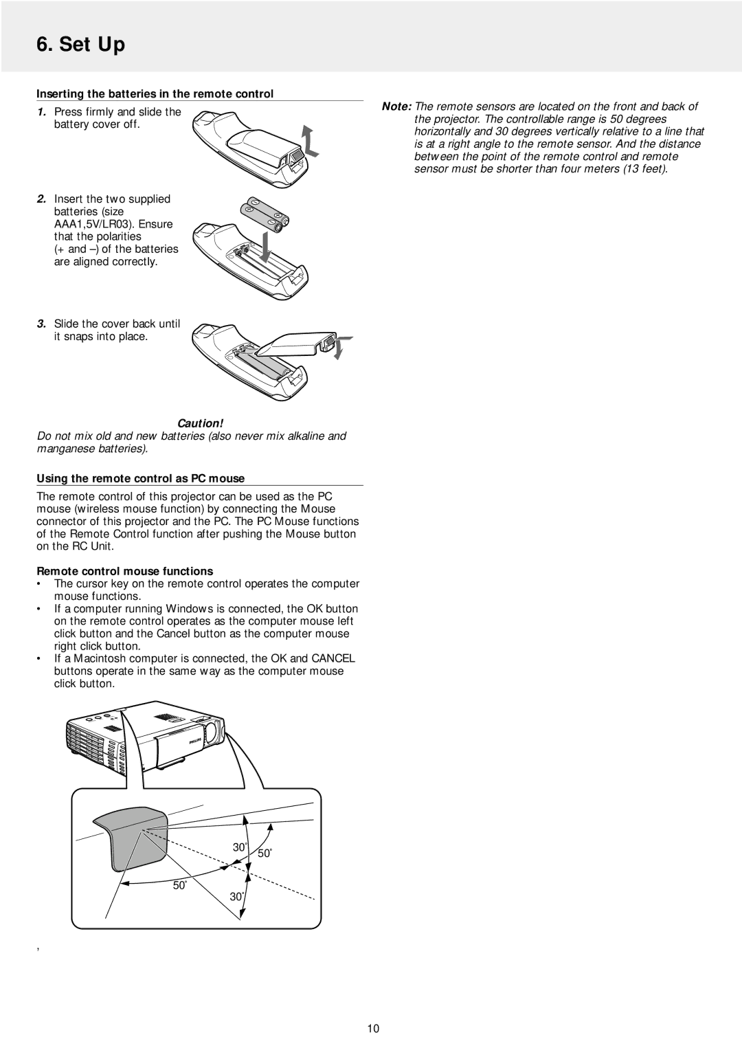 Philips LC5141 manual Inserting the batteries in the remote control, Using the remote control as PC mouse 