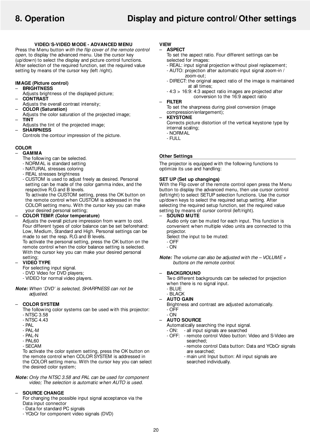 Philips LC5141 manual Operation Display and picture control/Other settings 