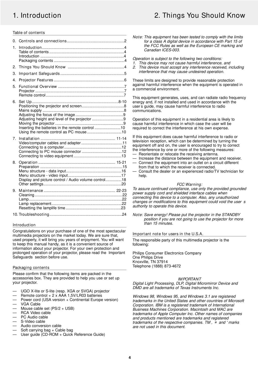 Philips LC5141 manual Introduction Things You Should Know, FCC Warning 