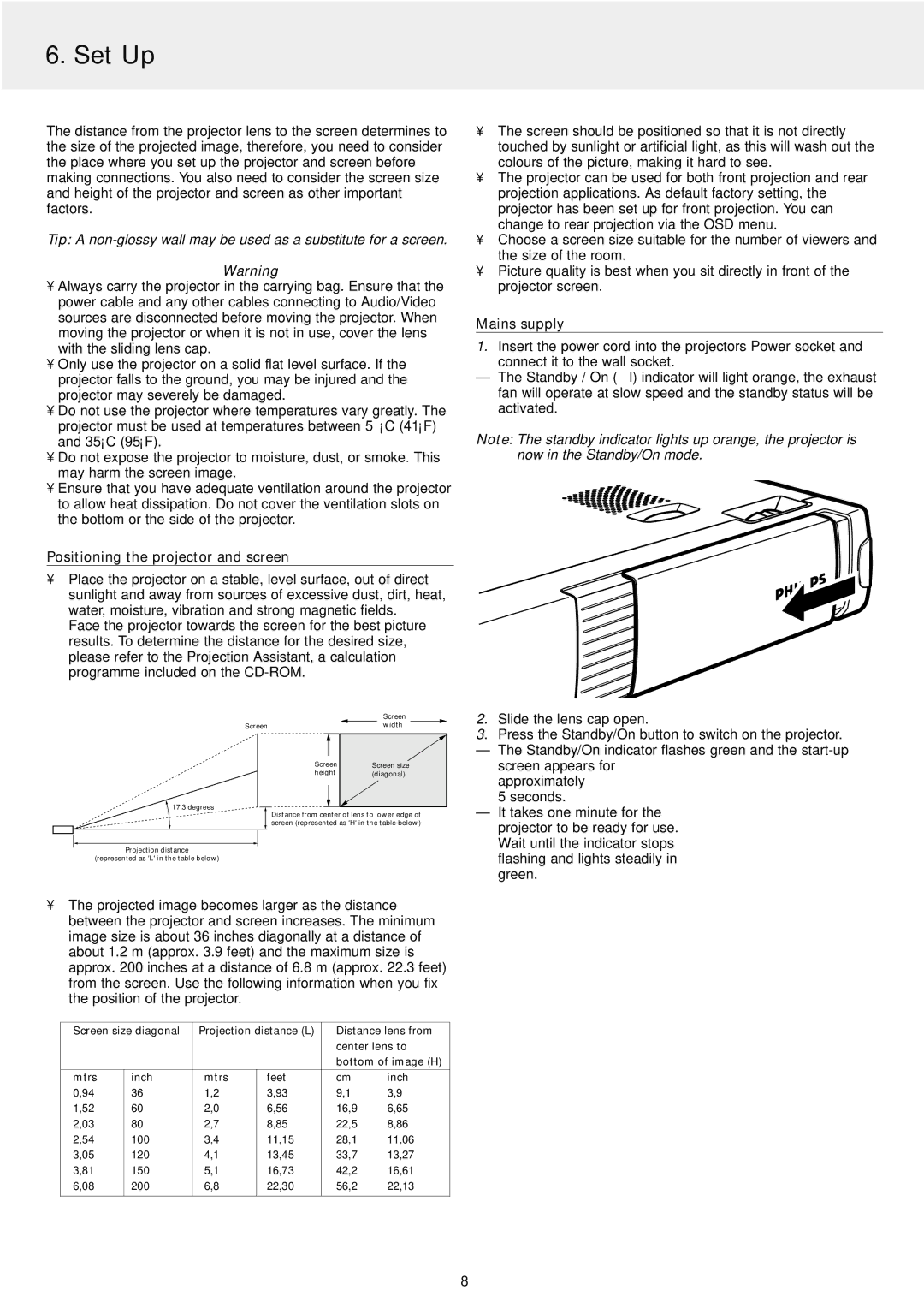 Philips LC5141 manual Set Up, Positioning the projector and screen, Mains supply 