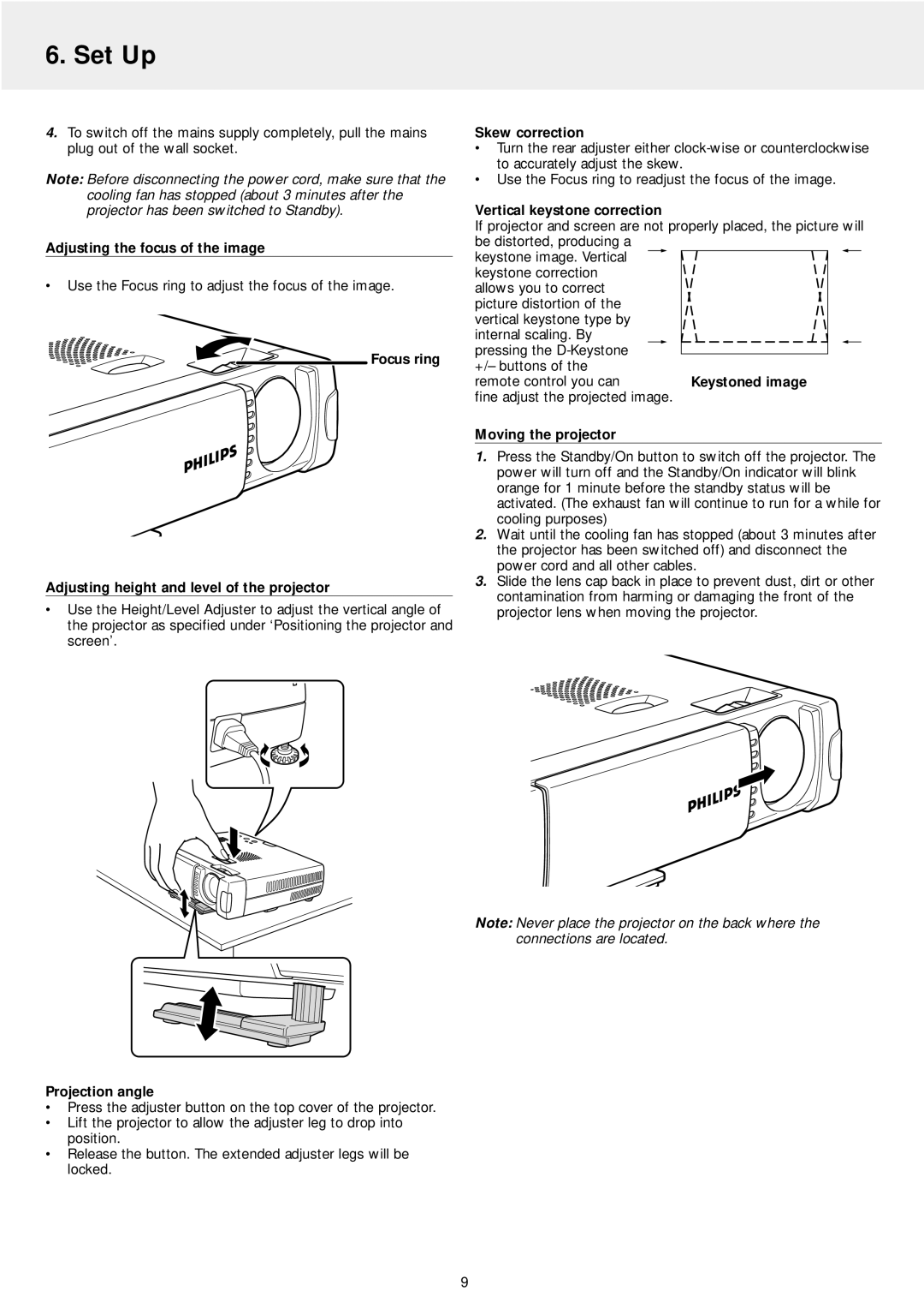 Philips LC5141 Adjusting the focus of the image, Focus ring Adjusting height and level of the projector, Projection angle 