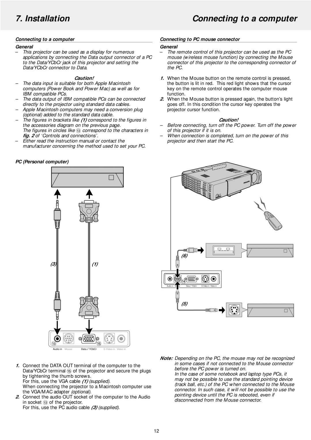 Philips LC5241 manual Installation Connecting to a computer, Connecting to a computer General, PC Personal computer 