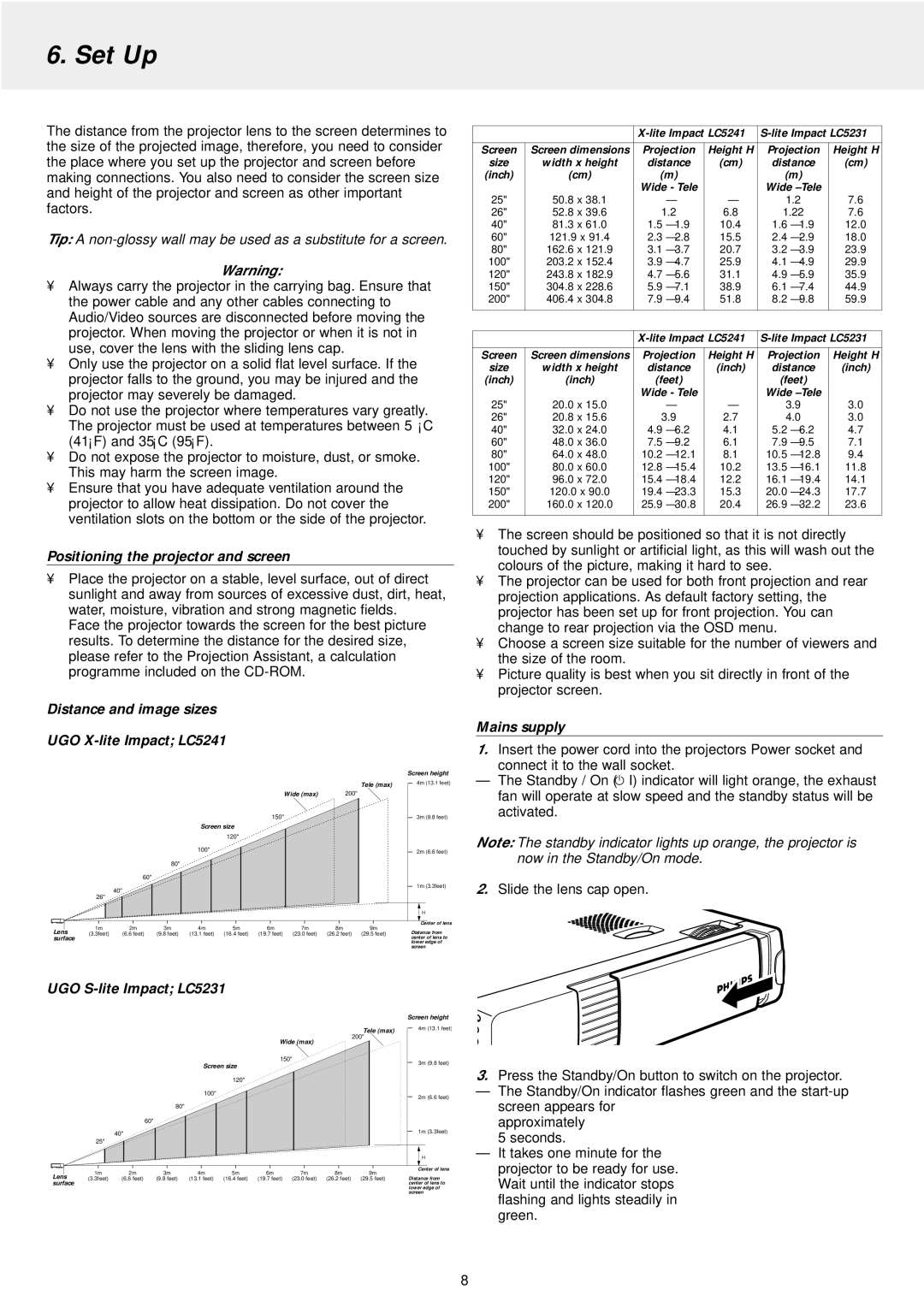 Philips Set Up, Positioning the projector and screen, Distance and image sizes UGO X-lite Impact LC5241, Mains supply 