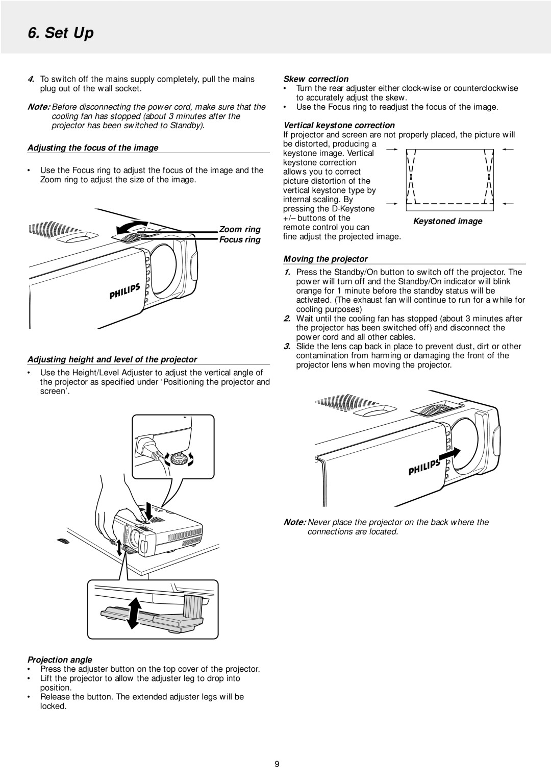 Philips LC5241 manual Adjusting the focus of the image, Projection angle, Skew correction, Vertical keystone correction 