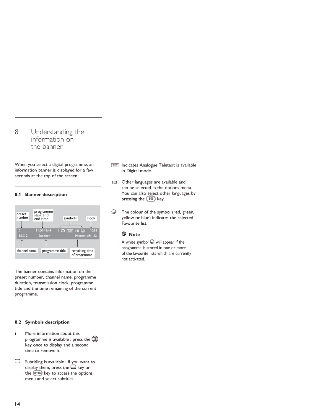 Philips LCD And Plasma Panel TV Understanding the information on the banner, Banner description, Symbols description 