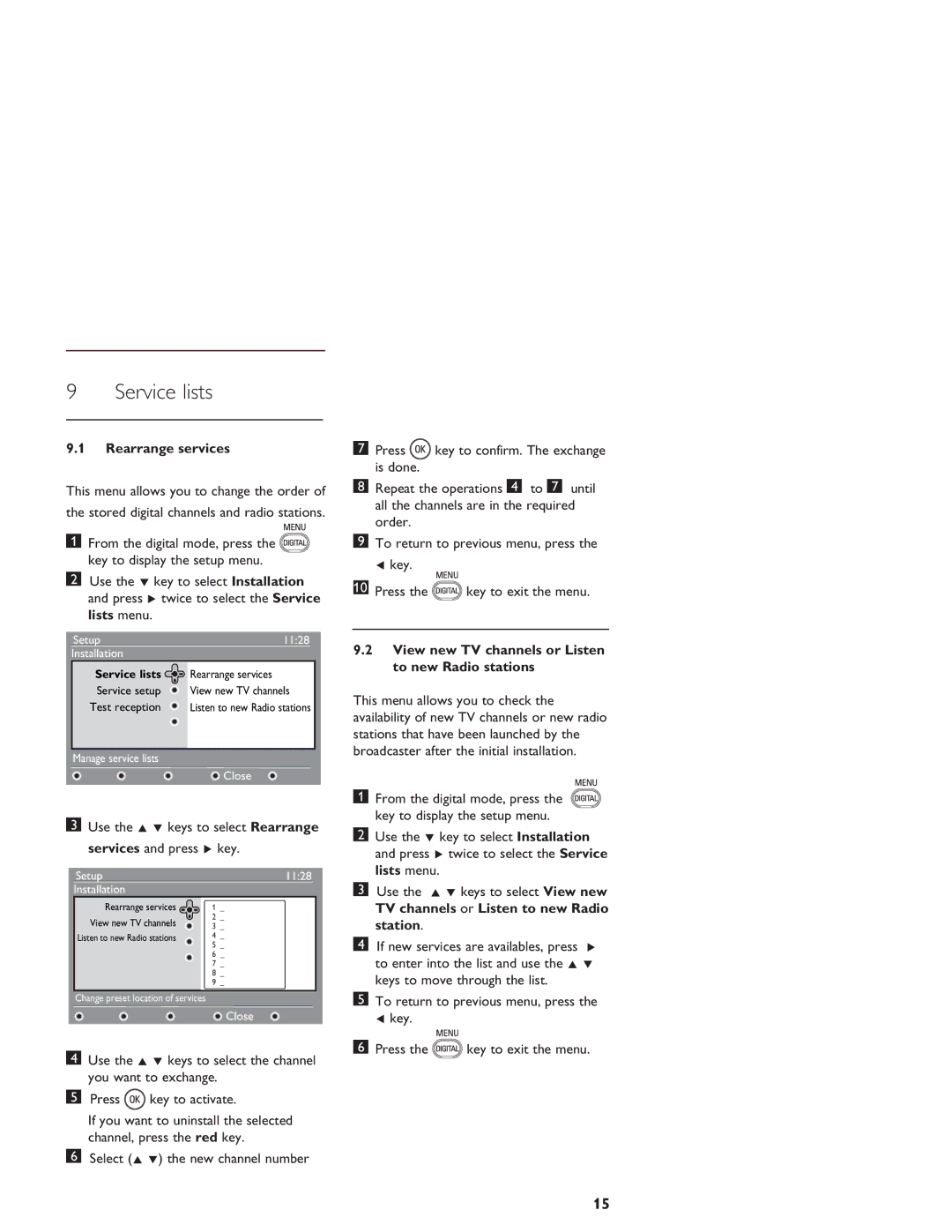 Philips LCD And Plasma Panel TV Service lists, Rearrange services, This menu allows you to change the order, Lists menu 