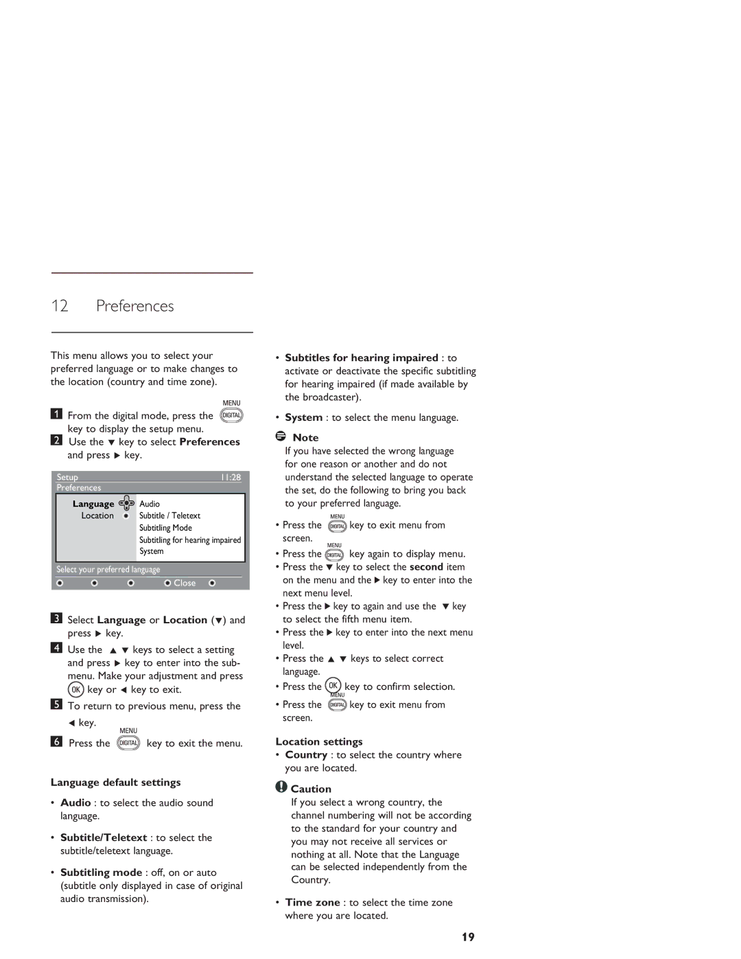 Philips LCD And Plasma Panel TV Preferences, Select Language or Location ï and press Æ key, Language default settings 